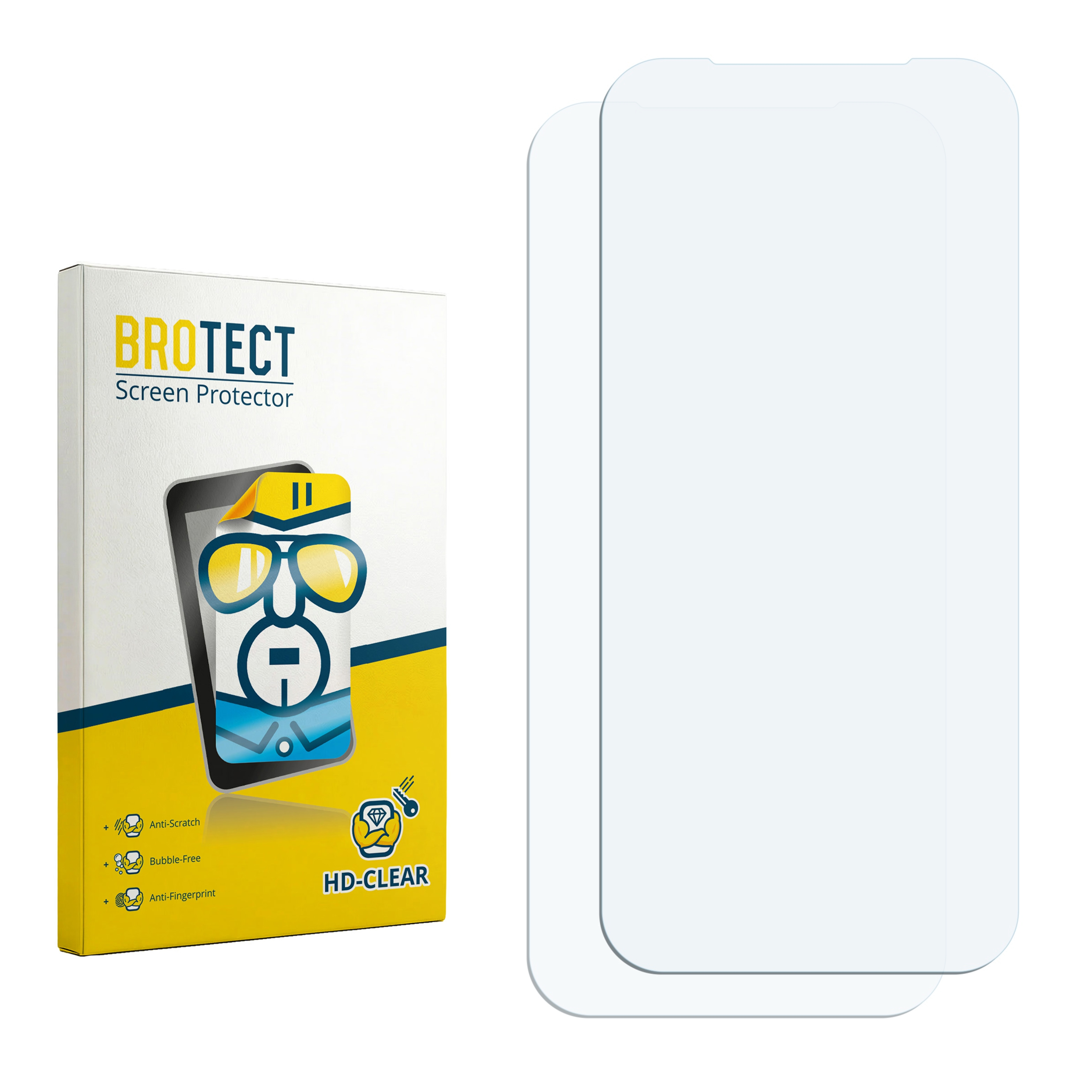 Verpackung für BROTECT Displayschutzfolie mit zwei Folien. Gelb-blaues Design.