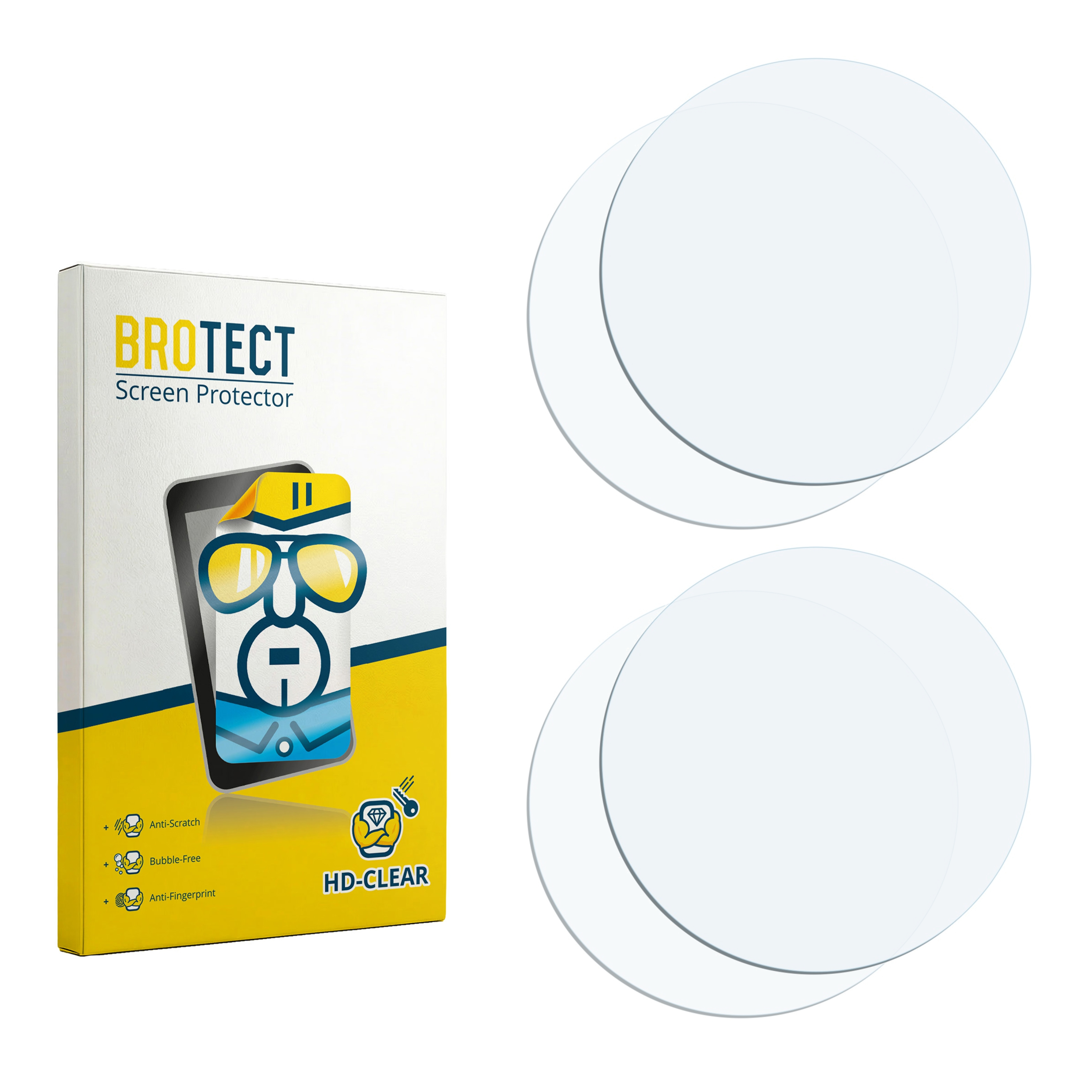 BROTECT Displayschutzverpackung und zwei klare runde Displayschutzfolien.