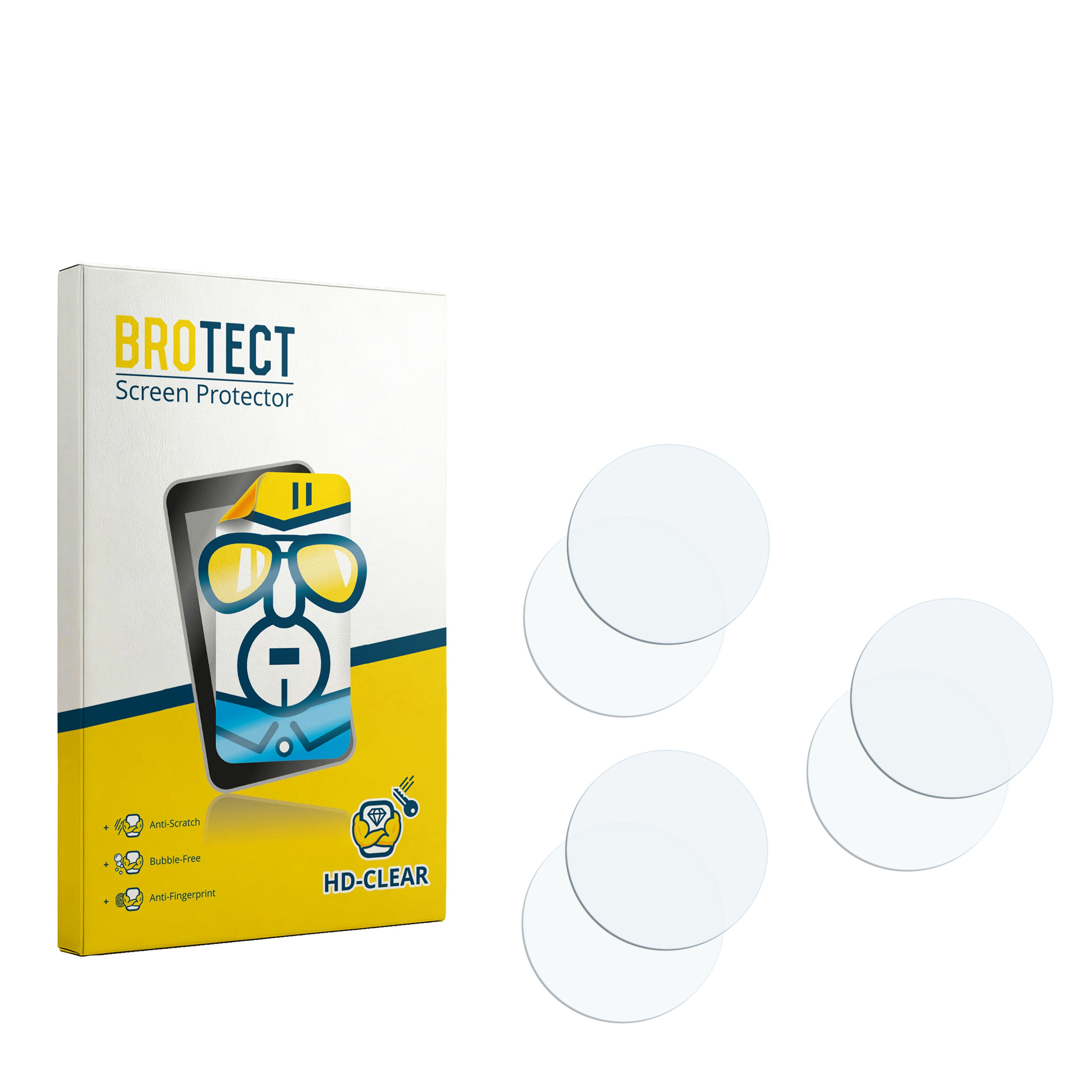 BROTECT Displayschutzverpackung mit drei runden Displayschutzfolien.