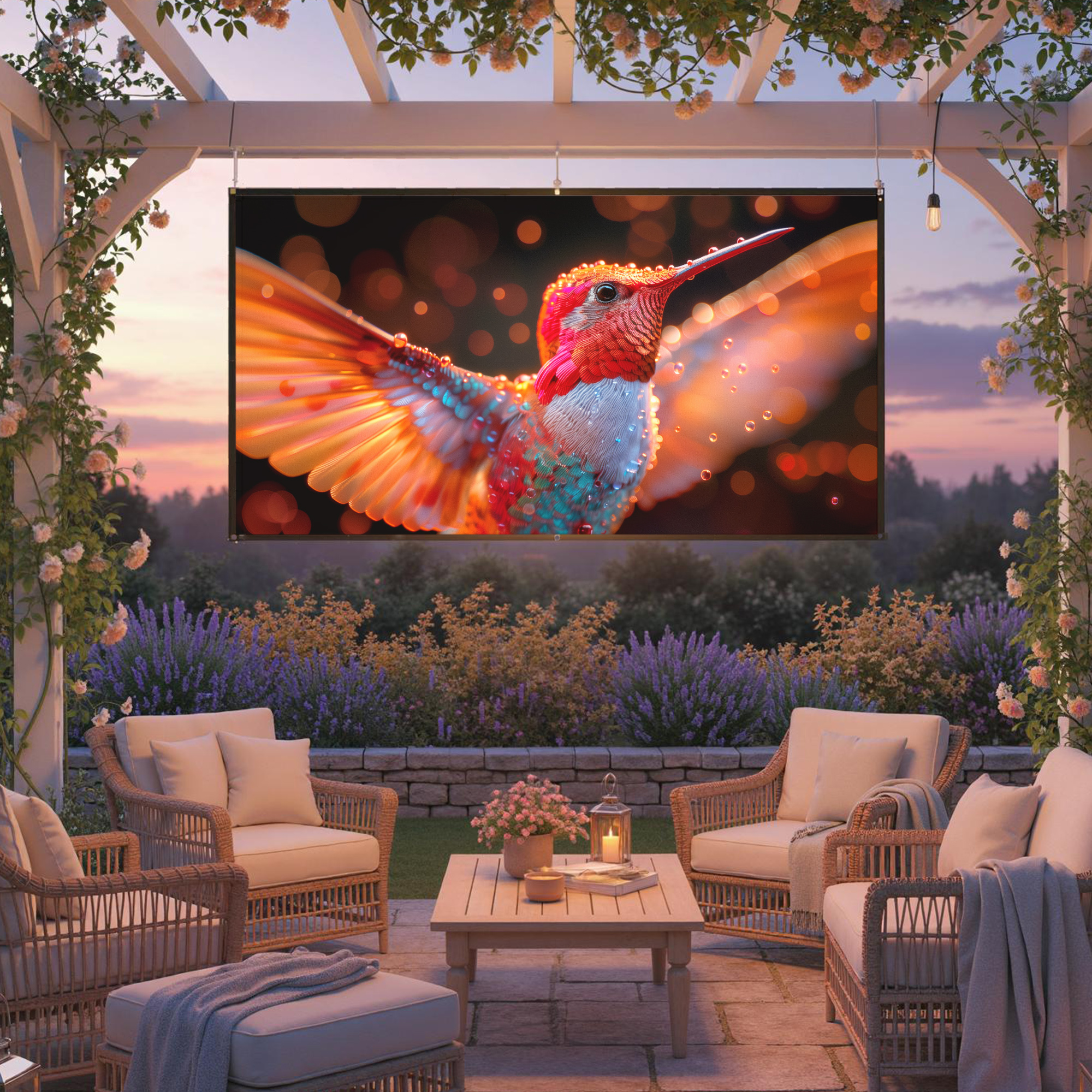 Un colibrì colorato vola davanti a uno sfondo sfocato di bokeh.