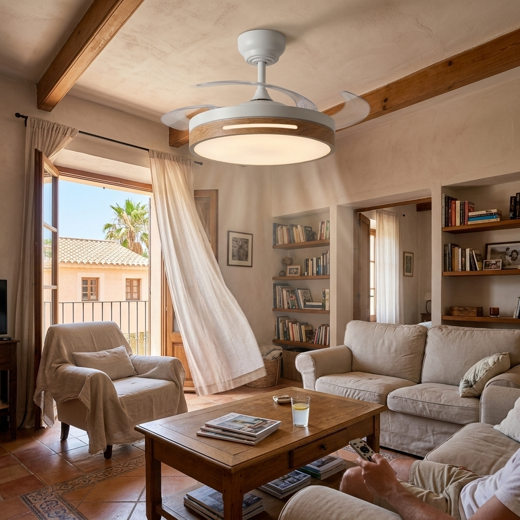 Una sala de estar con ventilador de techo, sofá, sillón, mesa de madera y libros.