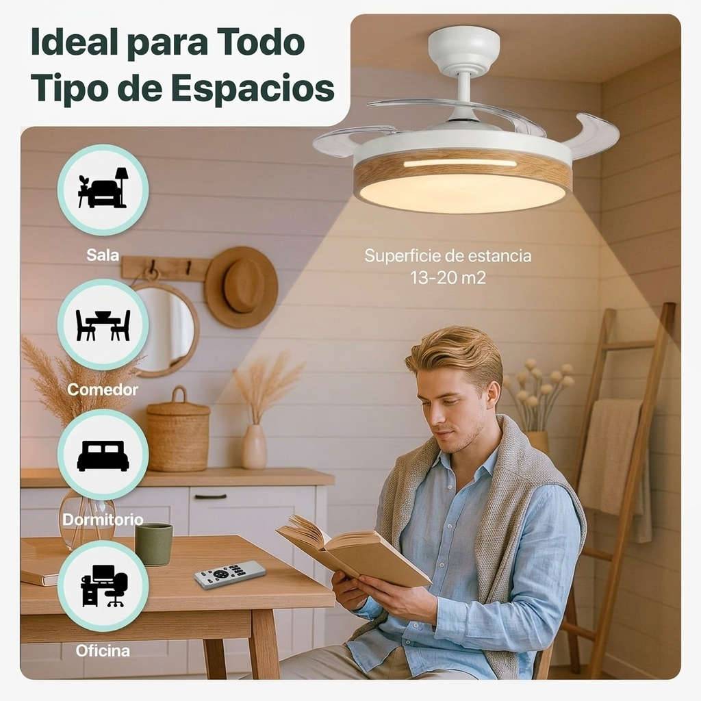 Un hombre lee un libro bajo una luz de ventilador de techo apta para varios espacios.