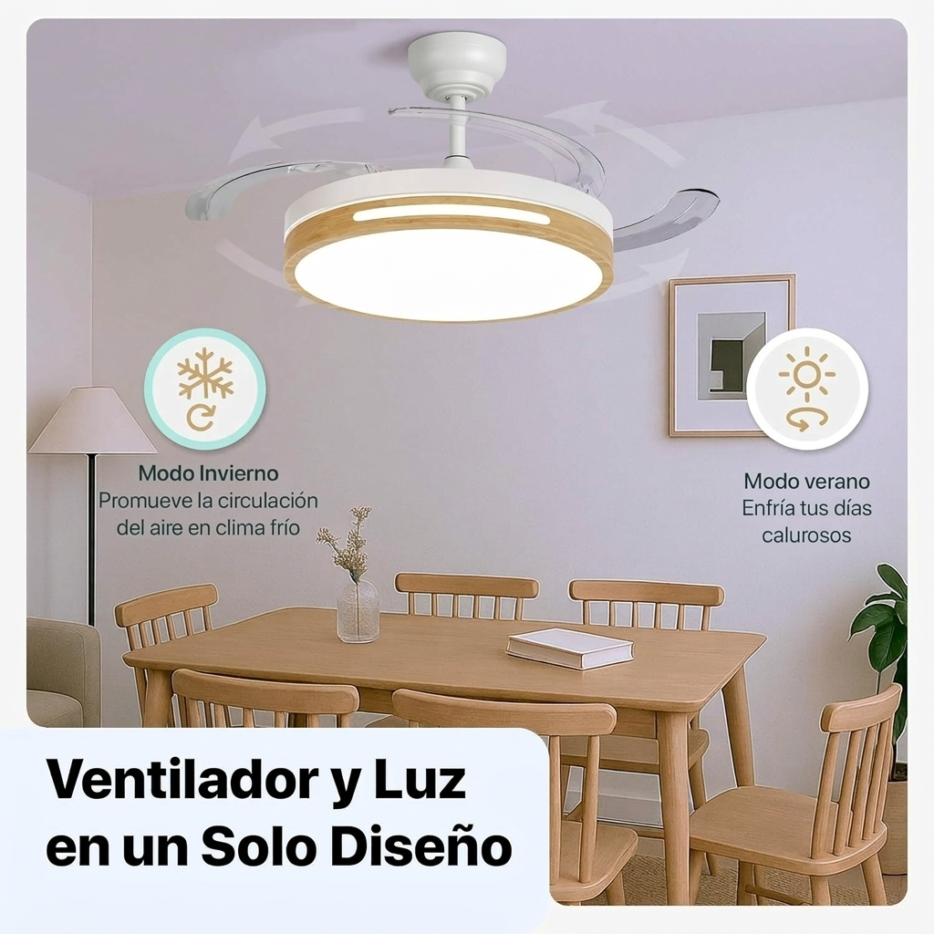 Un ventilador de techo blanco con detalles de madera y luz sobre una mesa.