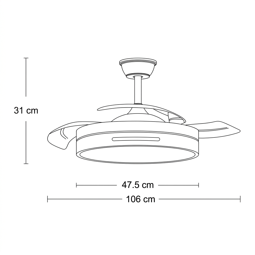 Dibujo lineal de un ventilador de techo con dimensiones: 31 cm de alto, 47,5 cm diámetro.