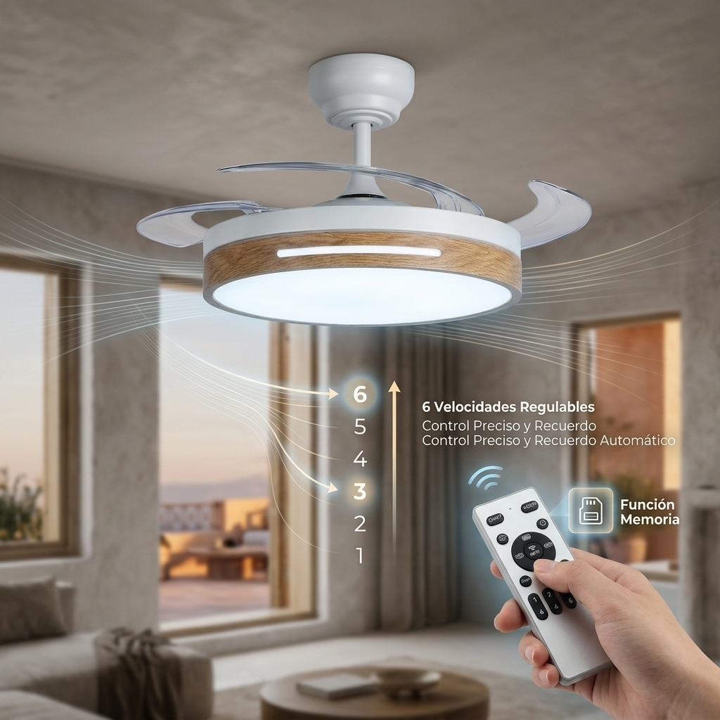 Ventilador de techo con luz y mando, 6 velocidades, detalle madera.