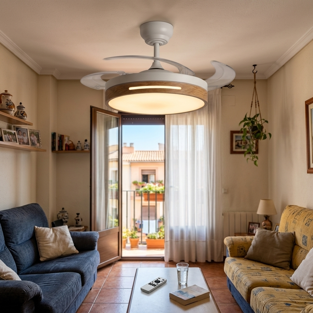 Un ventilador de techo con luz sobre una sala de estar con dos sofás, mesa de café y balcón.
