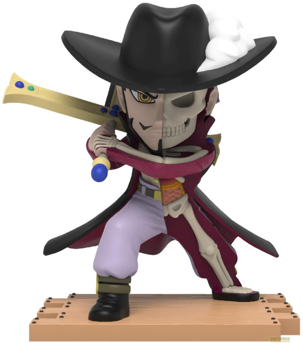Une figure mi-squelette, mi-humaine porte un chapeau noir et un manteau rouge, tenant une épée.