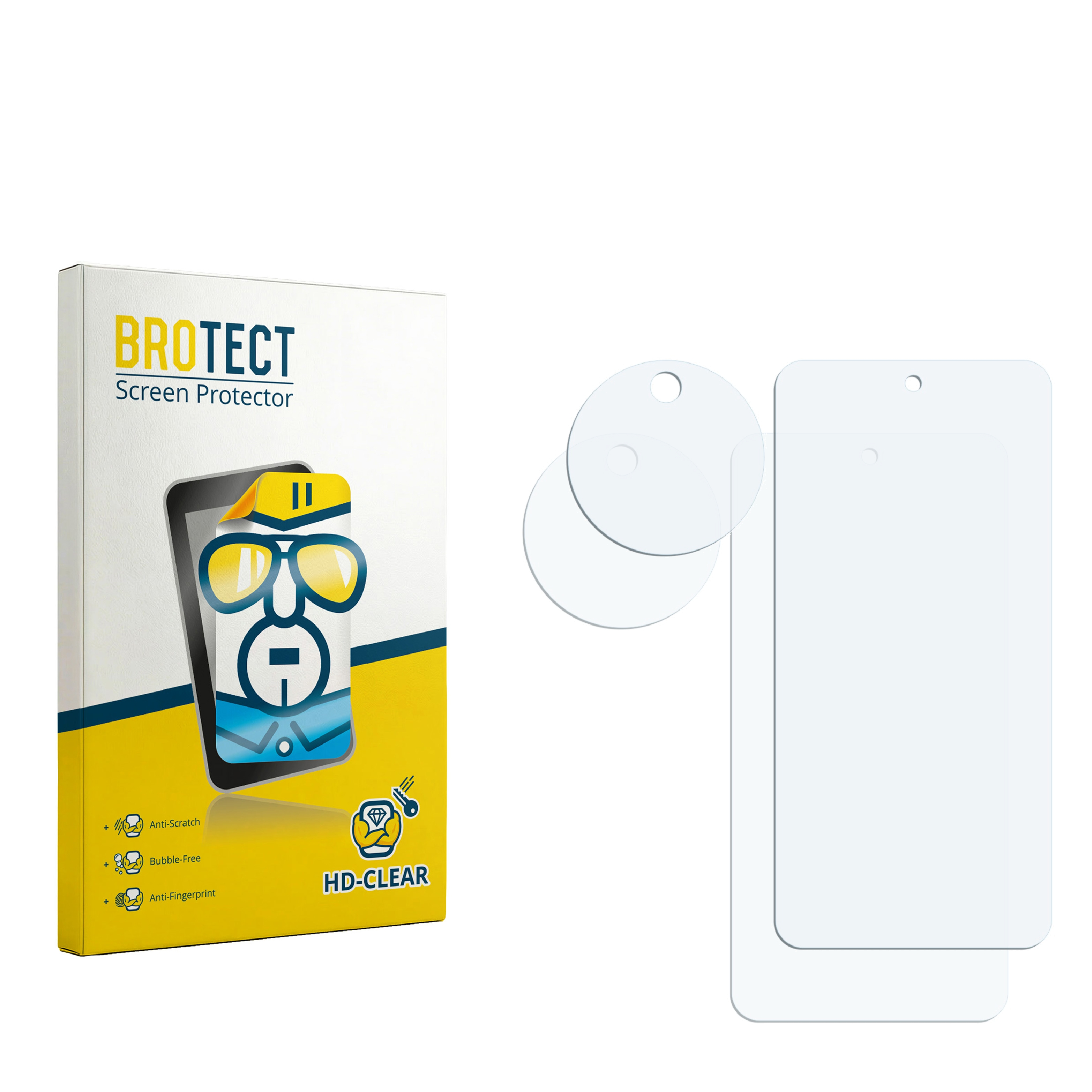BROTECT Displayschutz-Verpackung mit Merkmalen und zwei Klarsichtschutzfolien.