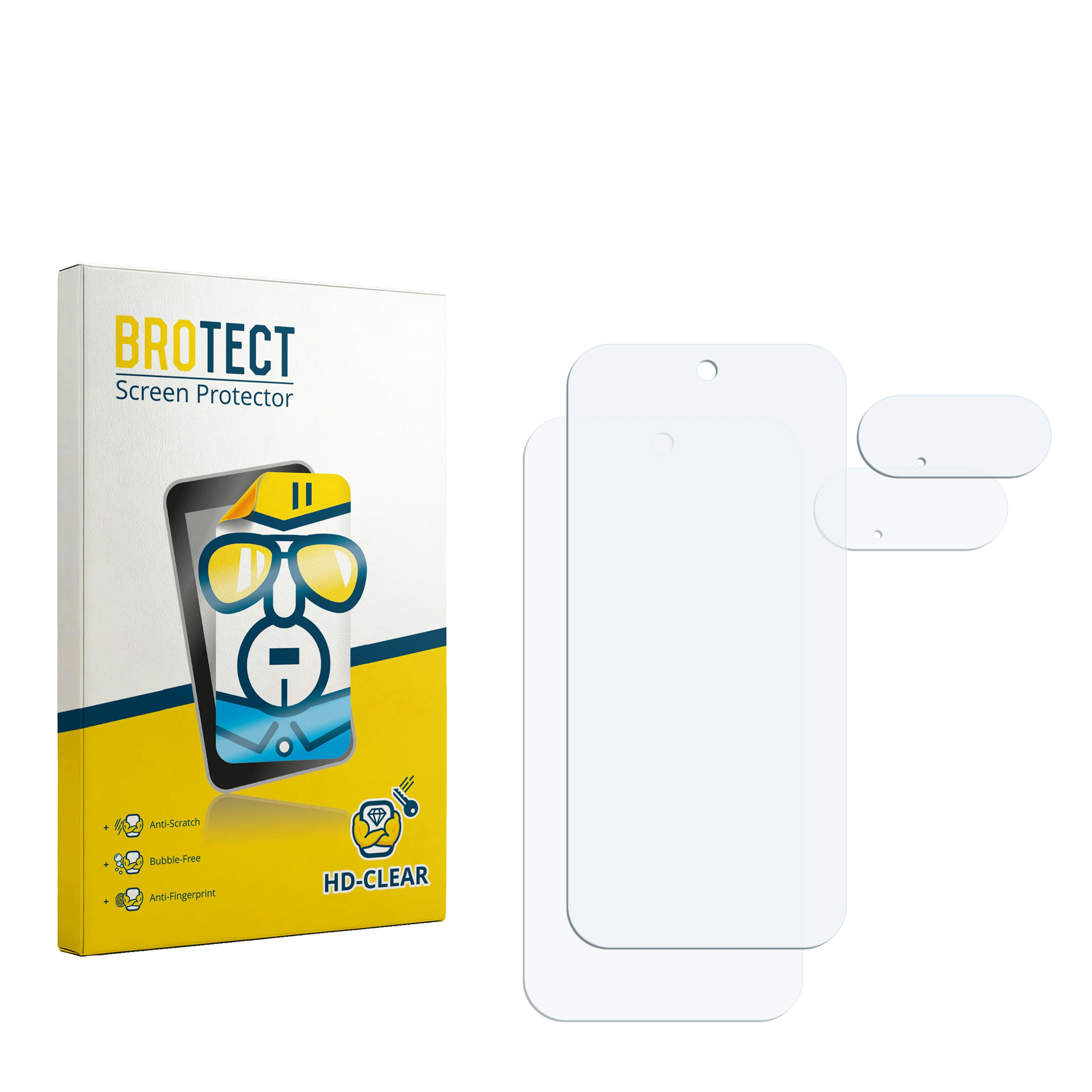 Packung und zwei Displayschutzfolien. Die Packung zeigt einen stilisierten Mann mit Brille.