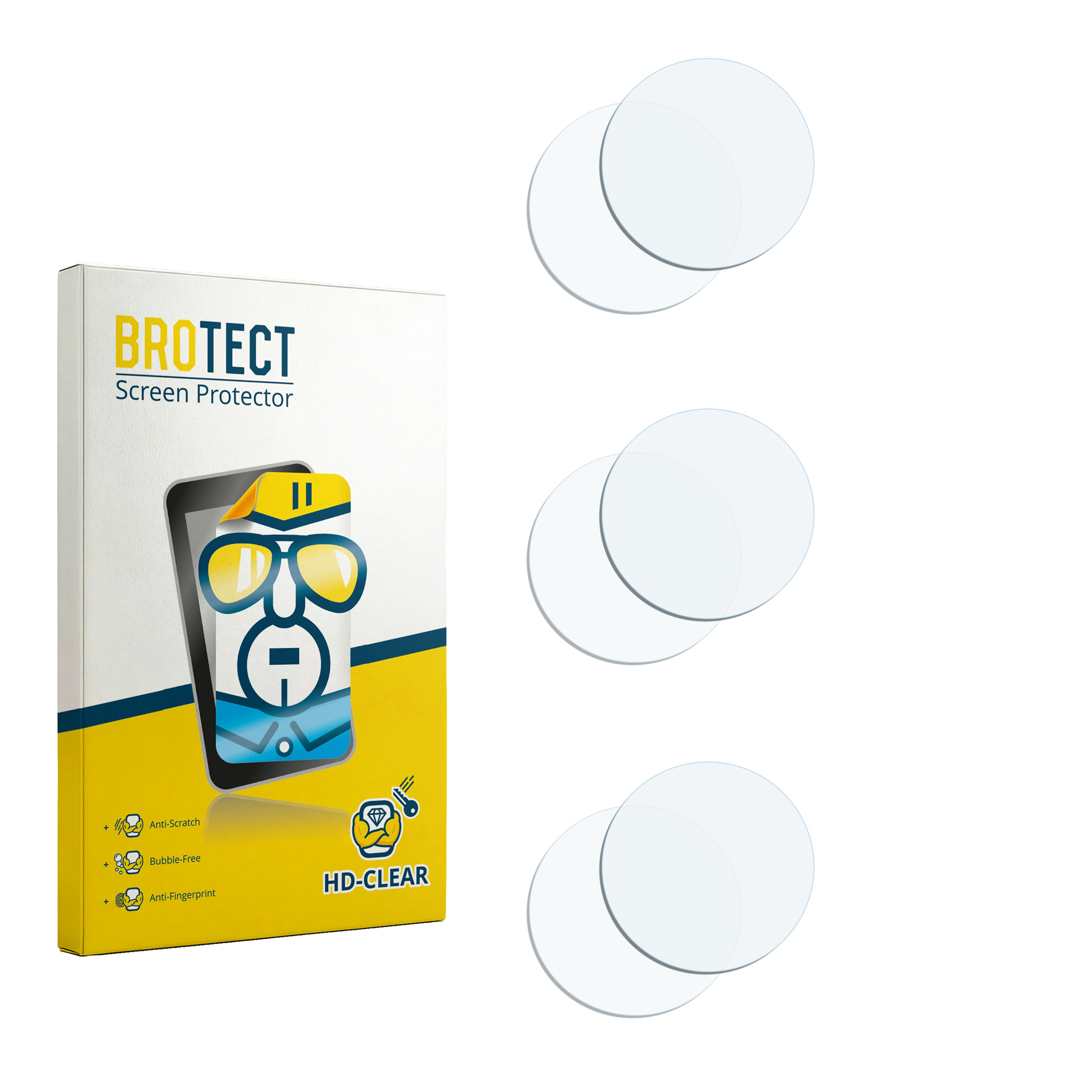 Verpackung für BROTECT Displayschutzfolie neben drei runden Schutzfolien.