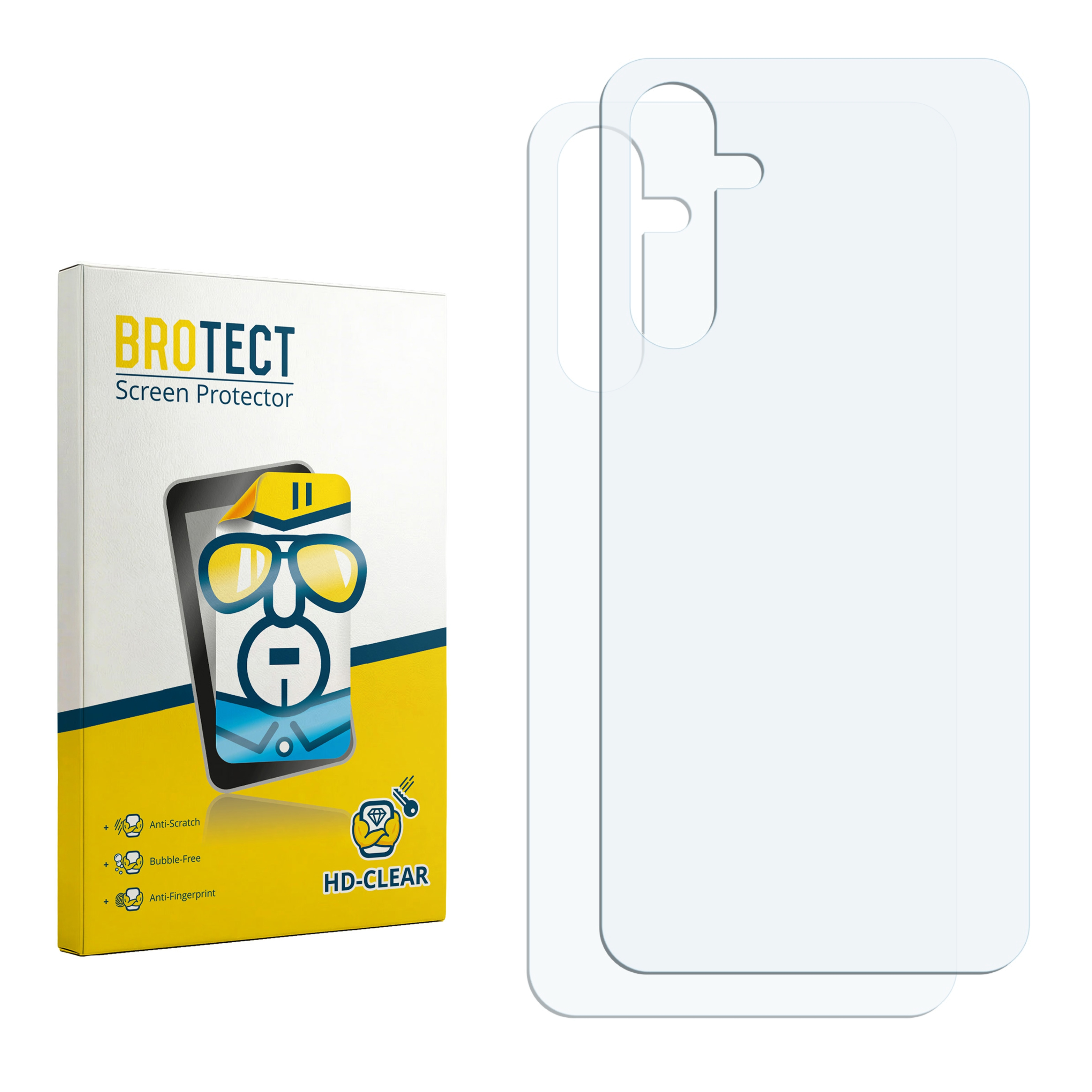 Schutzfolien-Verpackung und zwei transparente Schutzfolien.