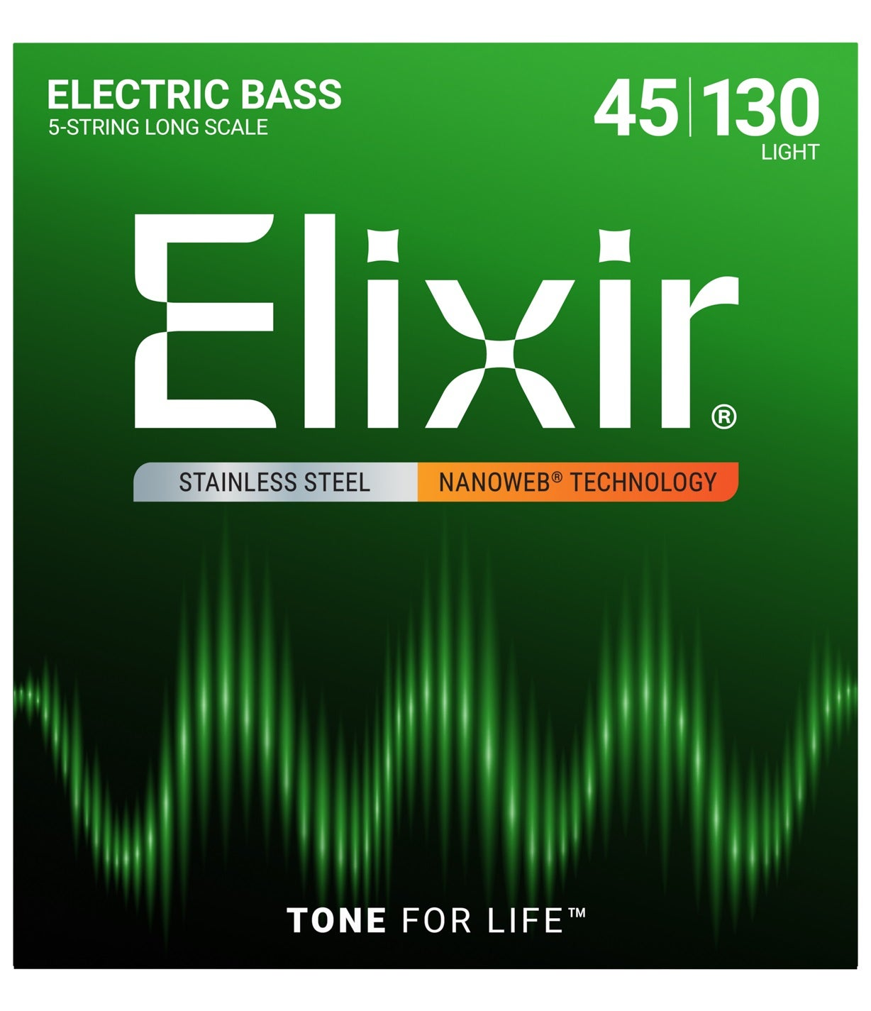 Elixir elektrische basgitaarsnaren, 5-snarig long scale, light gauge 45-130. RVS, Nanoweb Technologie.
