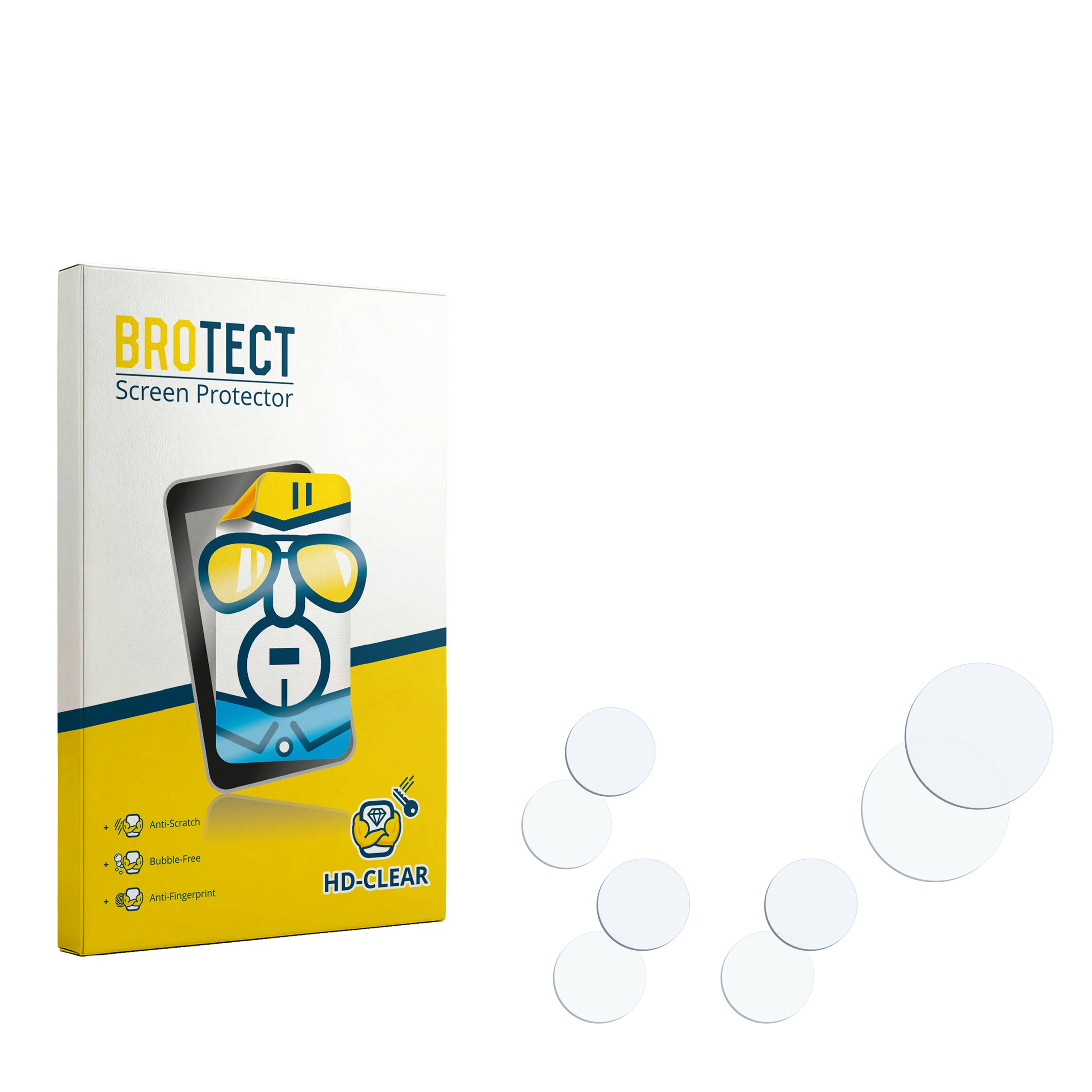 Verpackung für BROTECT Displayschutzfolie mit Symbolen f. Kratzschutz, blasenfrei, Anti-Fingerabdruck. Mehrere Schutzfolien.