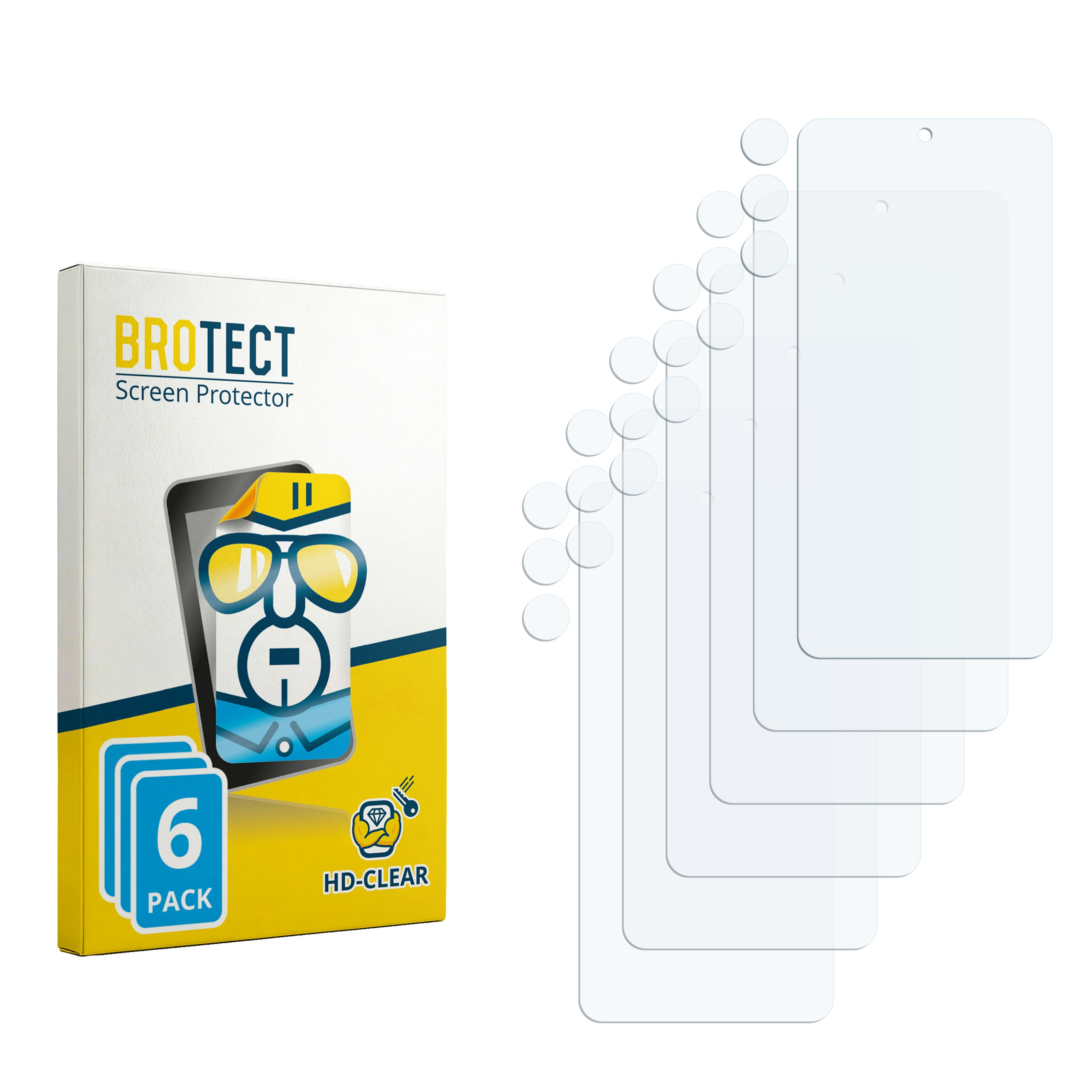 Verpackung für 6 Displayschutzfolien mit Symbolen und einem Cartoon-Gesicht.
