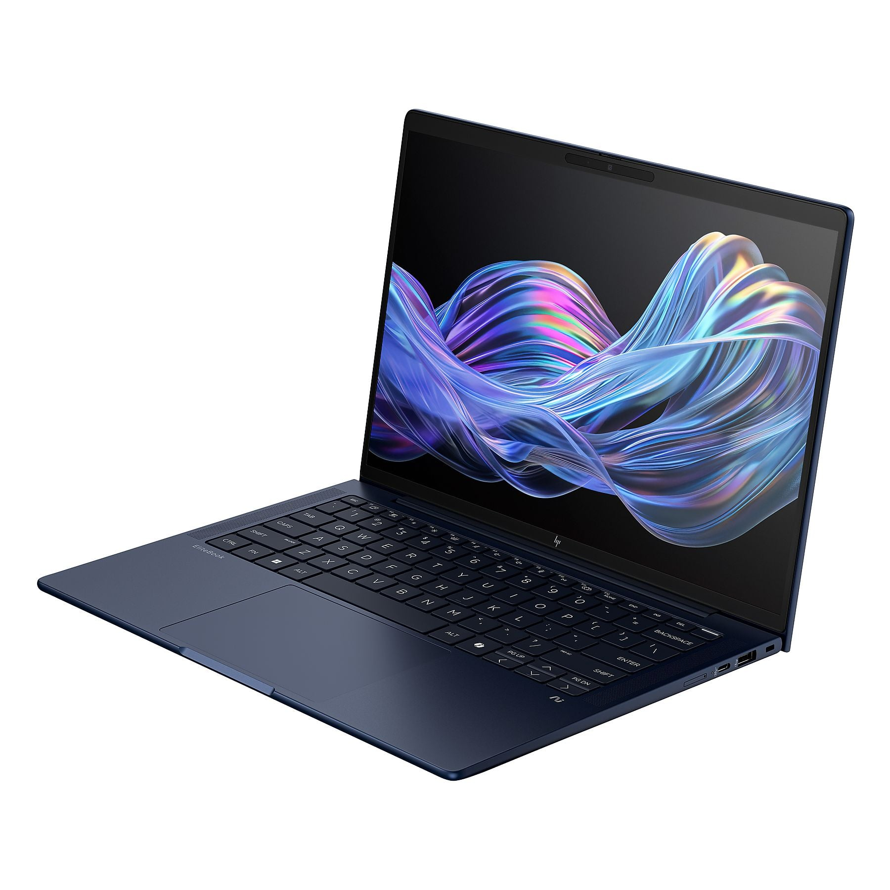 Un laptop blu scuro con tastiera retroilluminata e sfondo astratto.