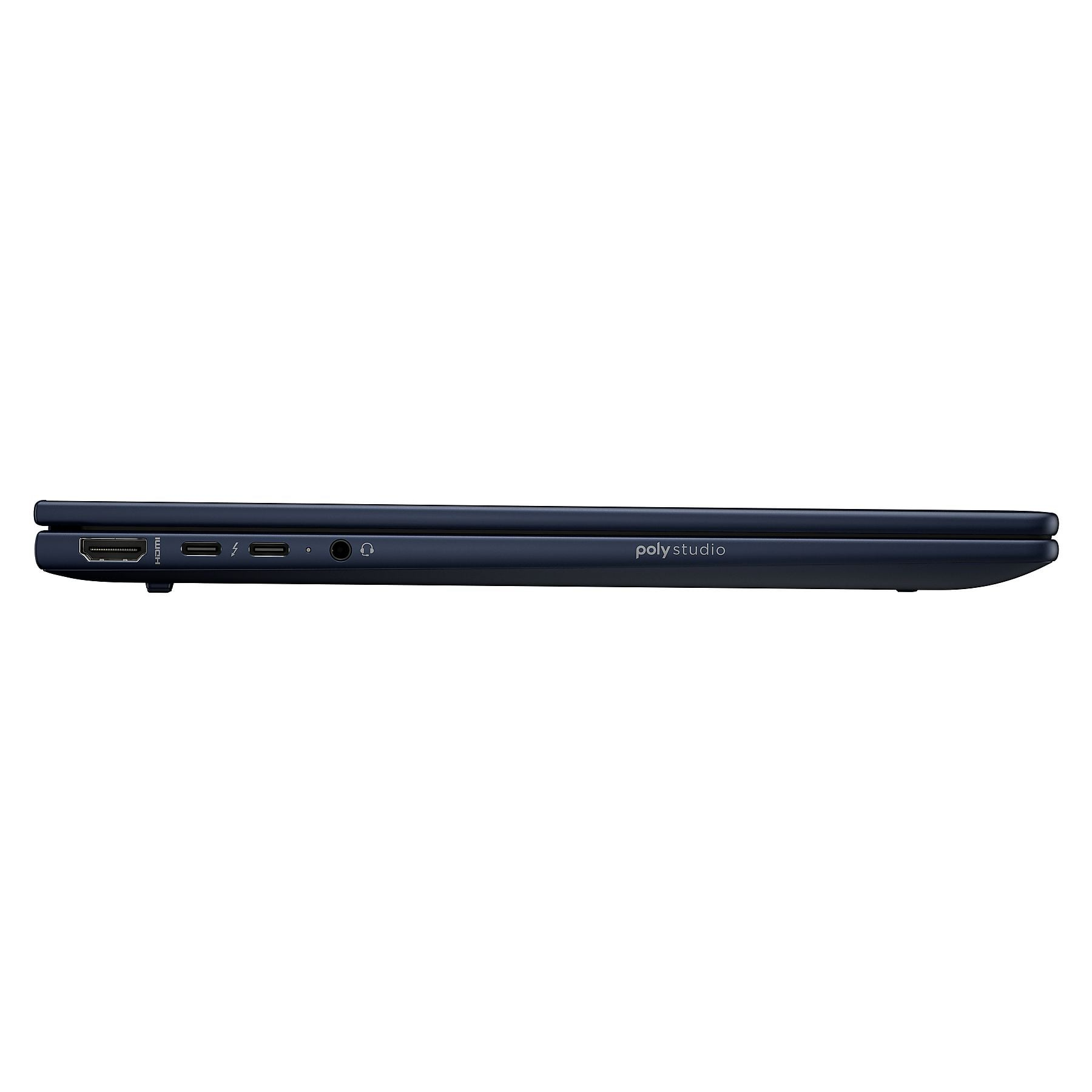 Laptop blu scuro vista laterale con porte HDMI, USB-C, cuffie.