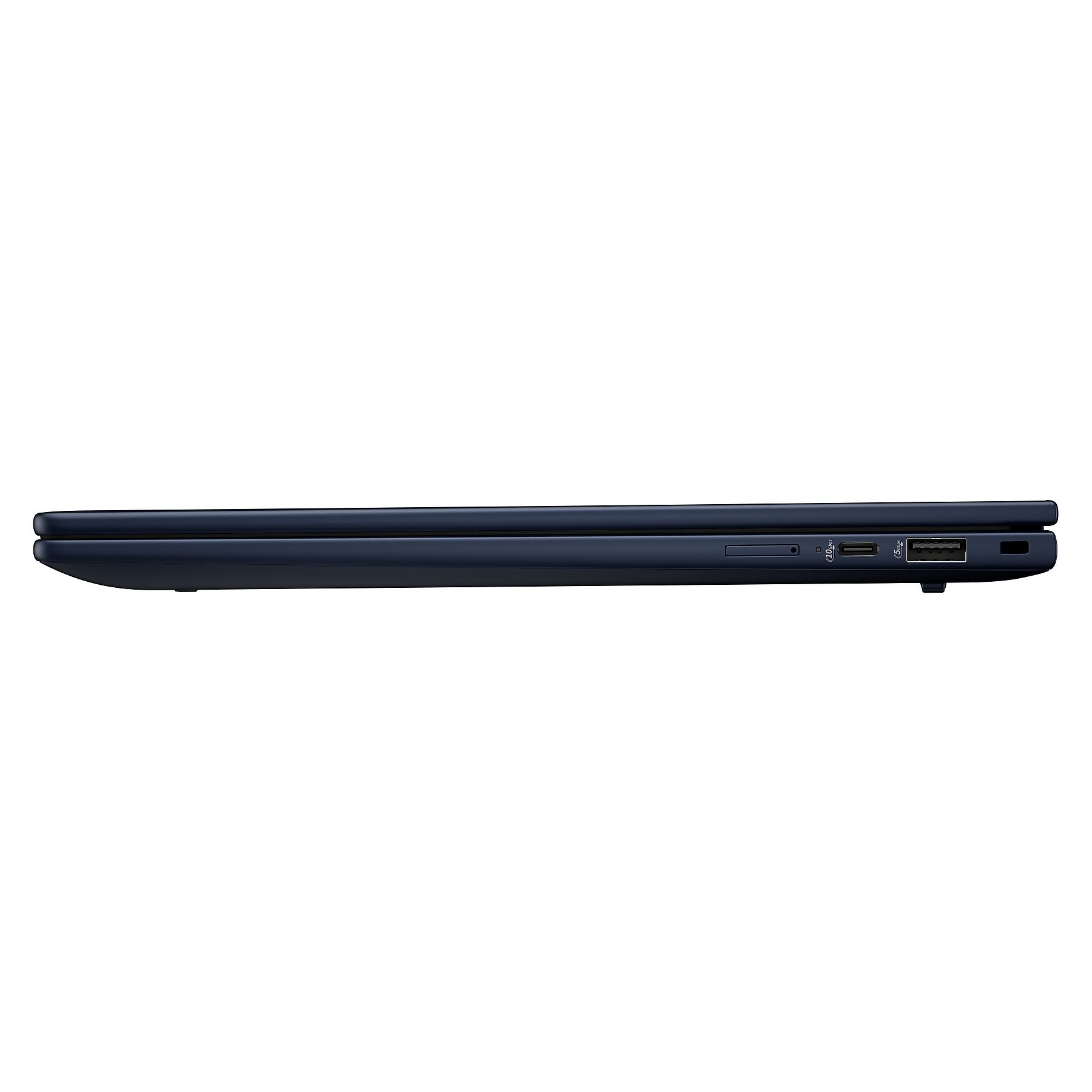 Vista laterale di un laptop blu scuro con porte per schede SD, USB-C e USB-A.