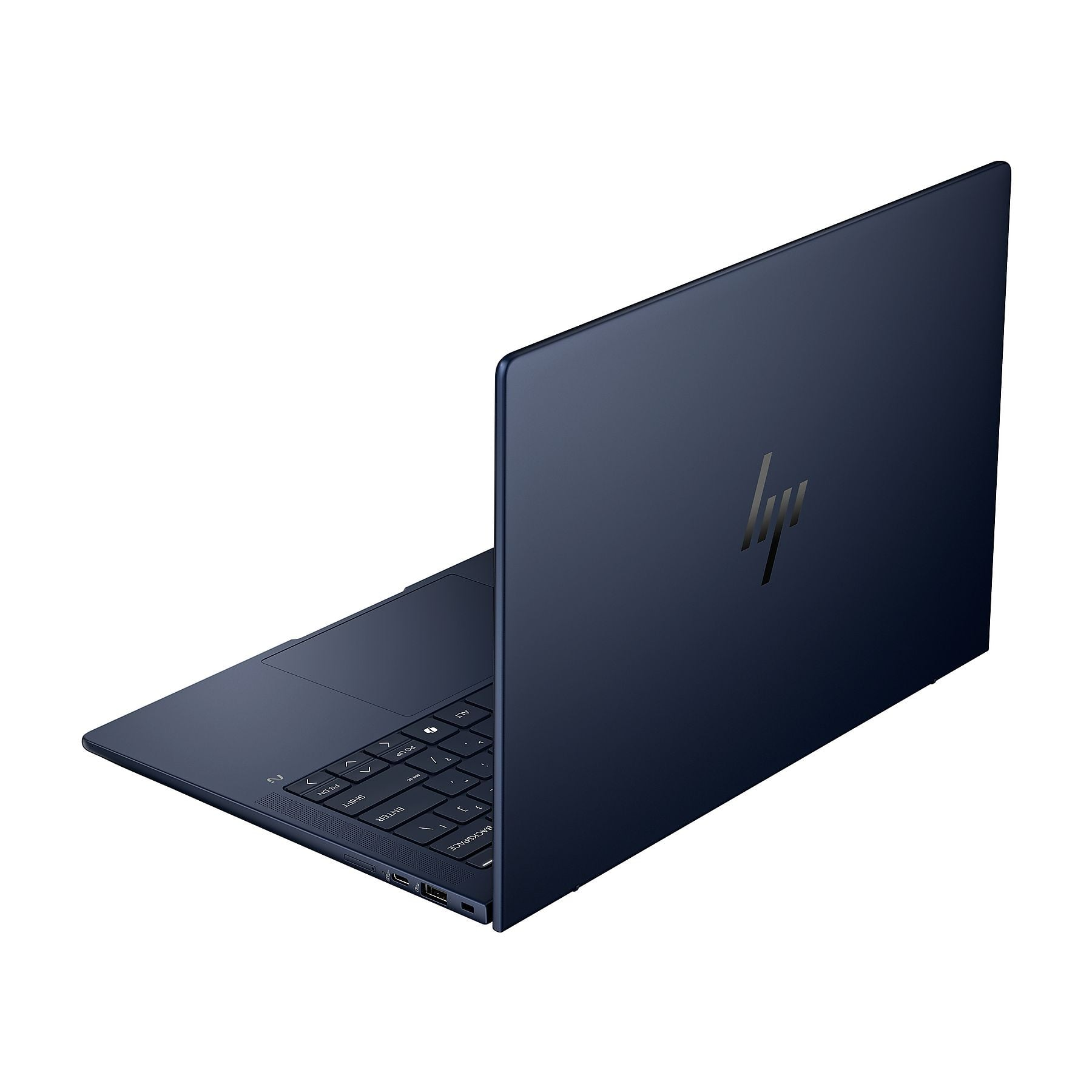 Laptop HP blu scuro, vista ravvicinata, con tastiera e logo.