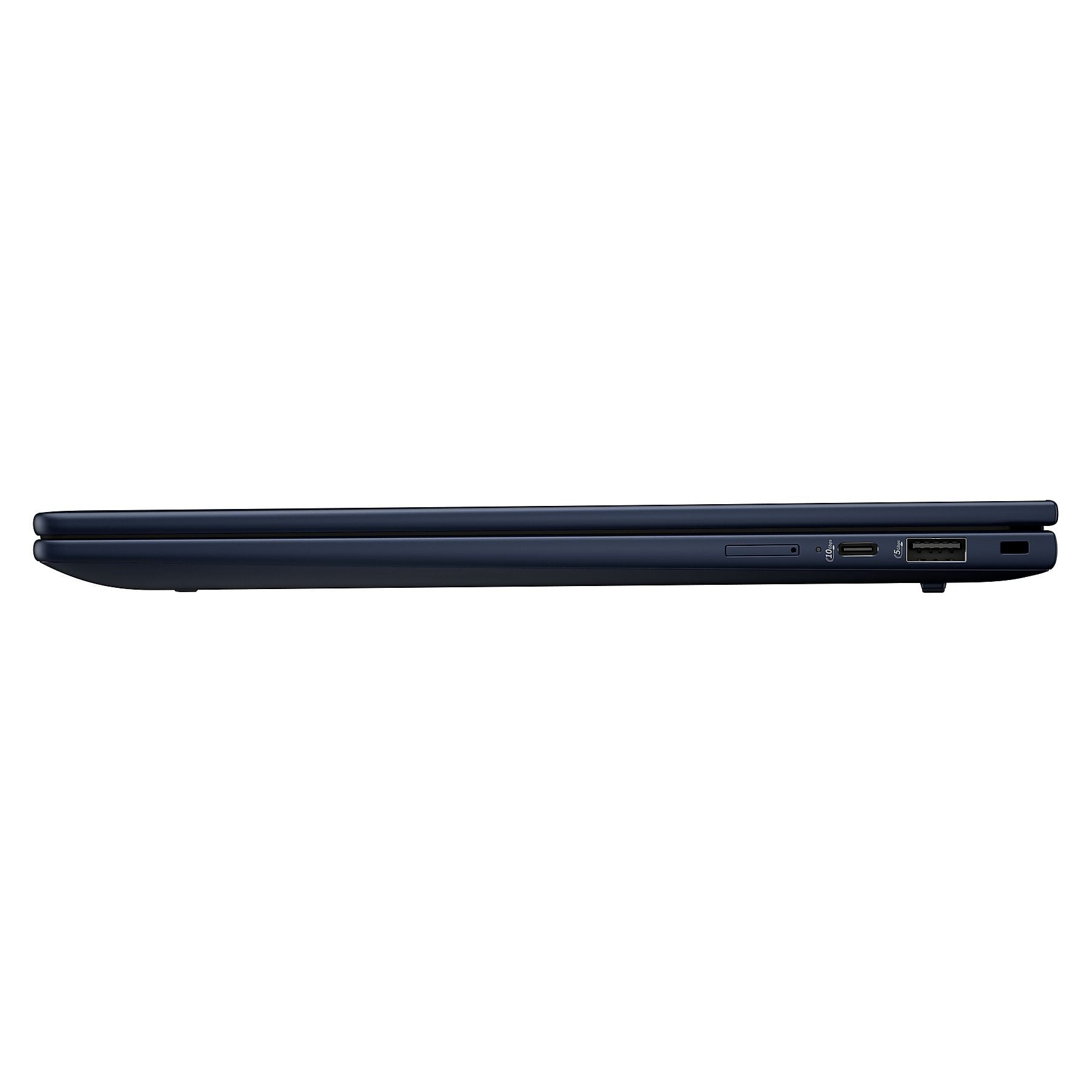 Lato di un laptop blu scuro, con porte USB e slot per schede SD.
