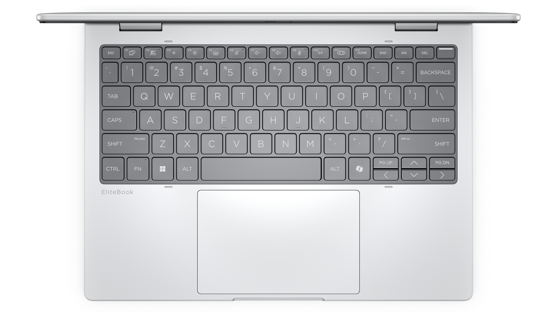Laptop EliteBook argento con coperchio aperto, tastiera e touchpad.