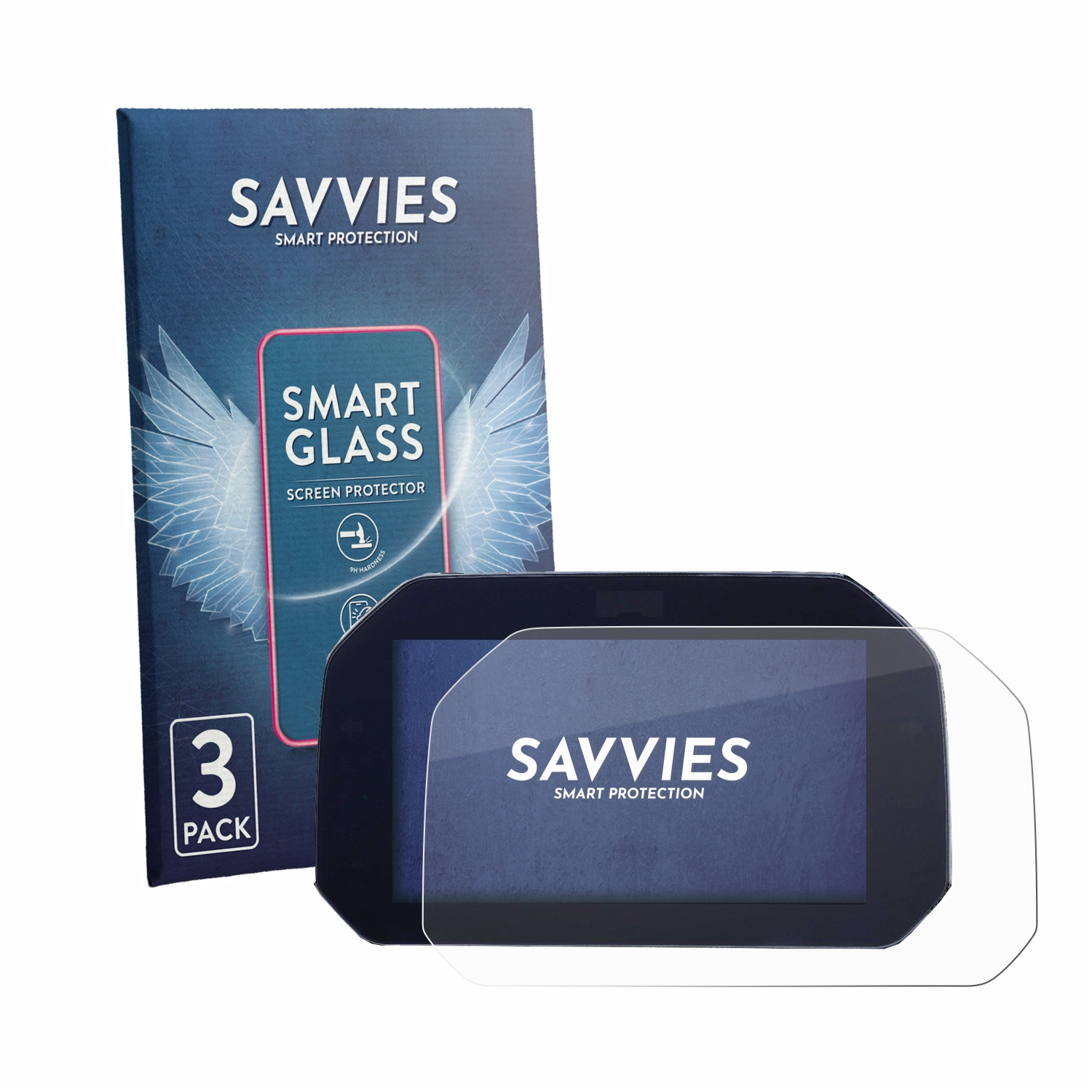 Savvies Smart Glass Schutzfolie, 3er Pack, für ein Gerät mit dunklem Bildschirm.