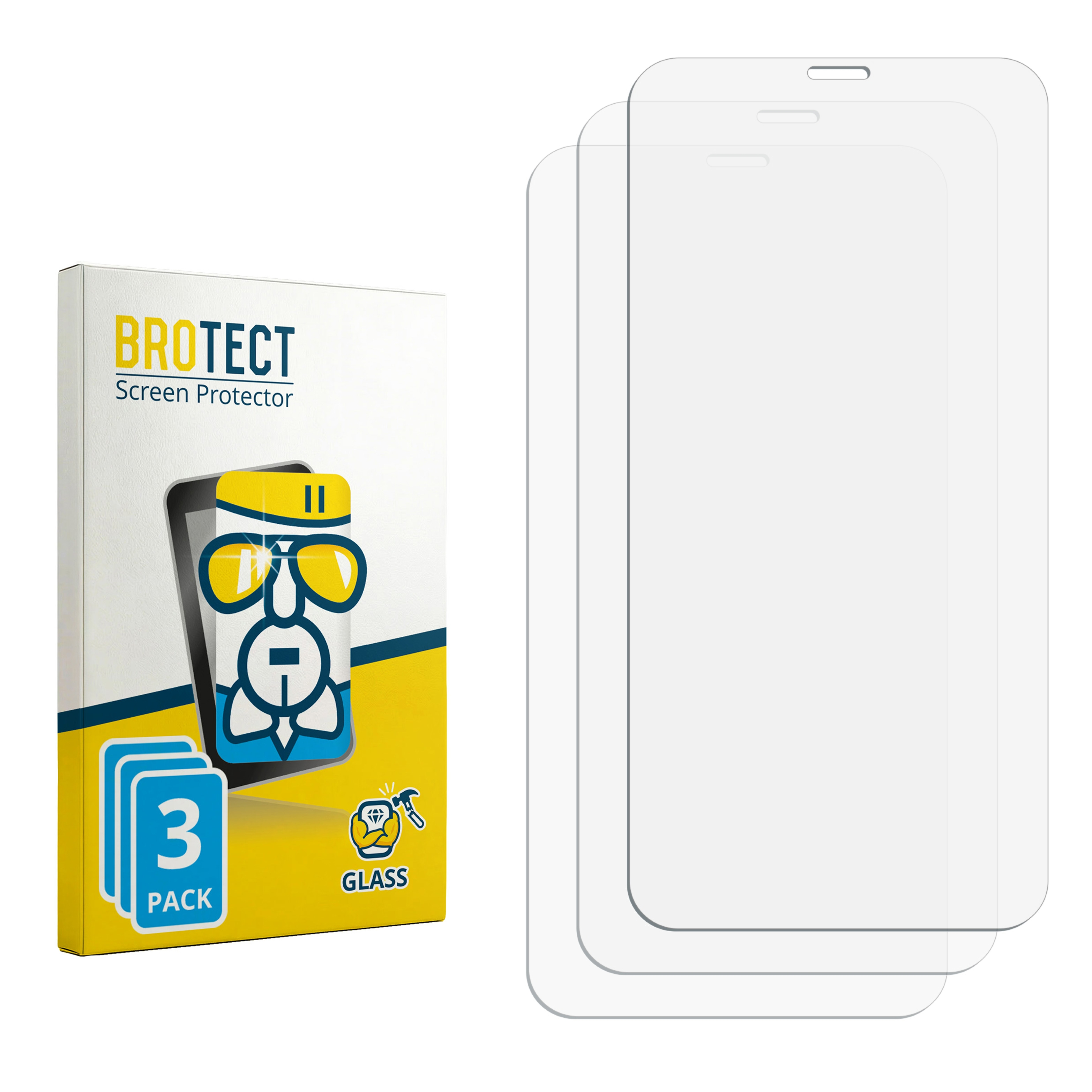 Verpackung mit drei Glas-Displayschutzfolien für Smartphones, links eine Box, rechts drei Folien.