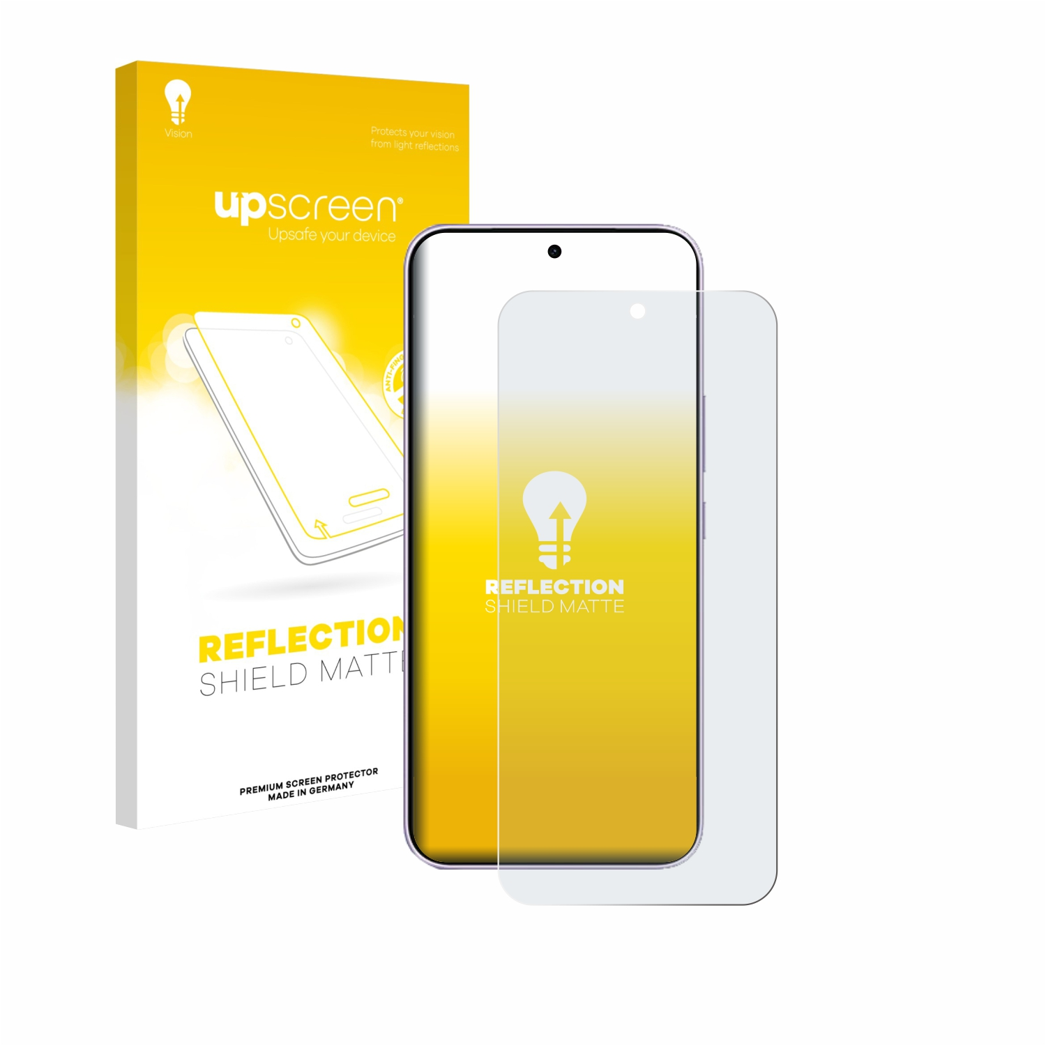 Eine gelbe Box für 'upscreen' Displayschutzfolien und eine Schutzfolie auf einem Handy.