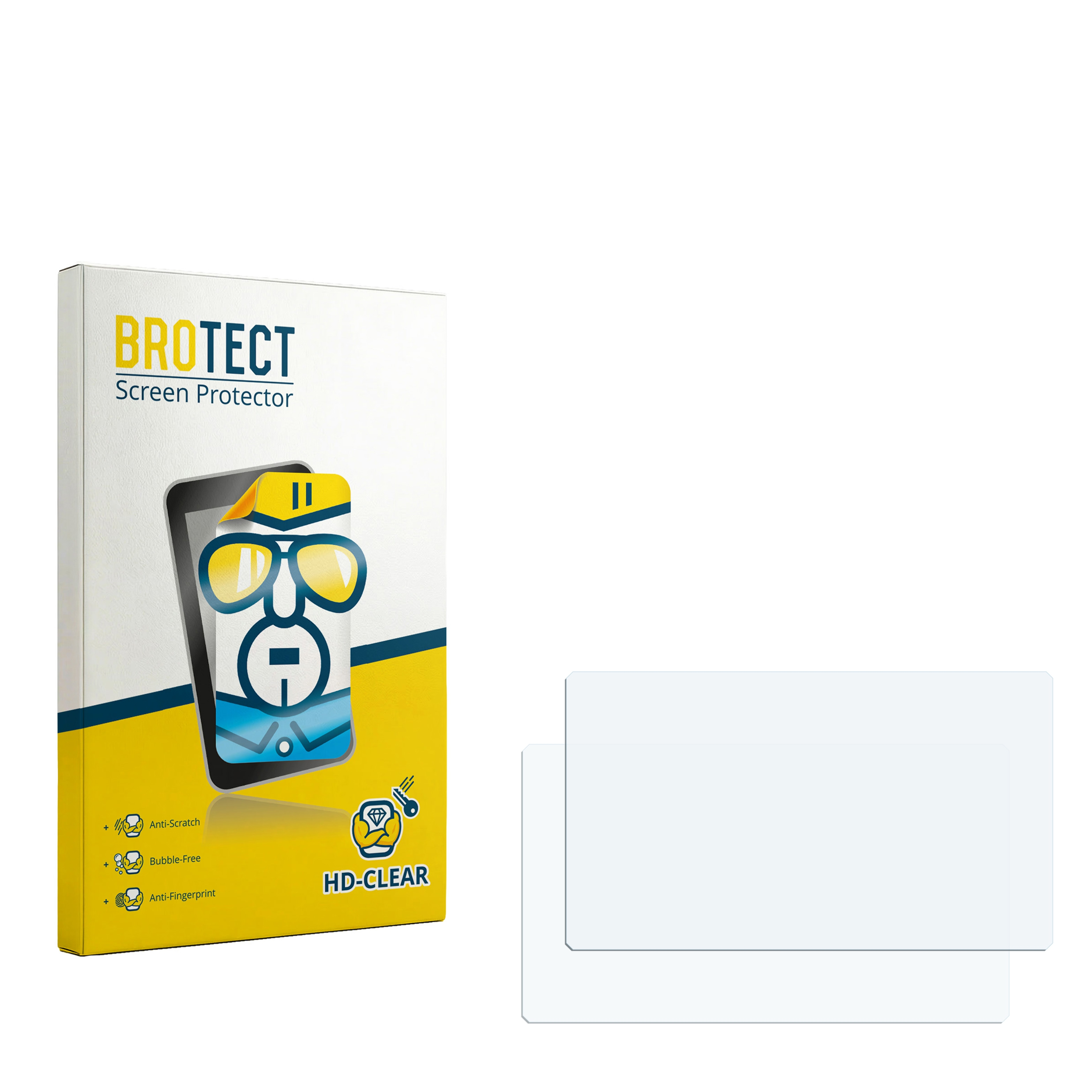 Verpackung für BROTECT Displayschutzfolie mit zwei klaren Schutzfolien daneben.