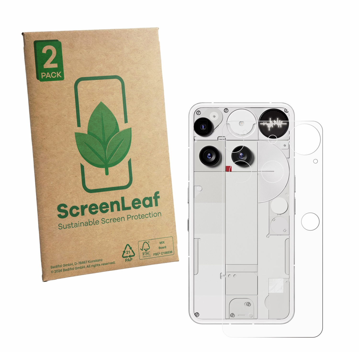 Ein 2er-Pack ScreenLeaf nachhaltige Displayschutzfolien neben einem Telefon.
