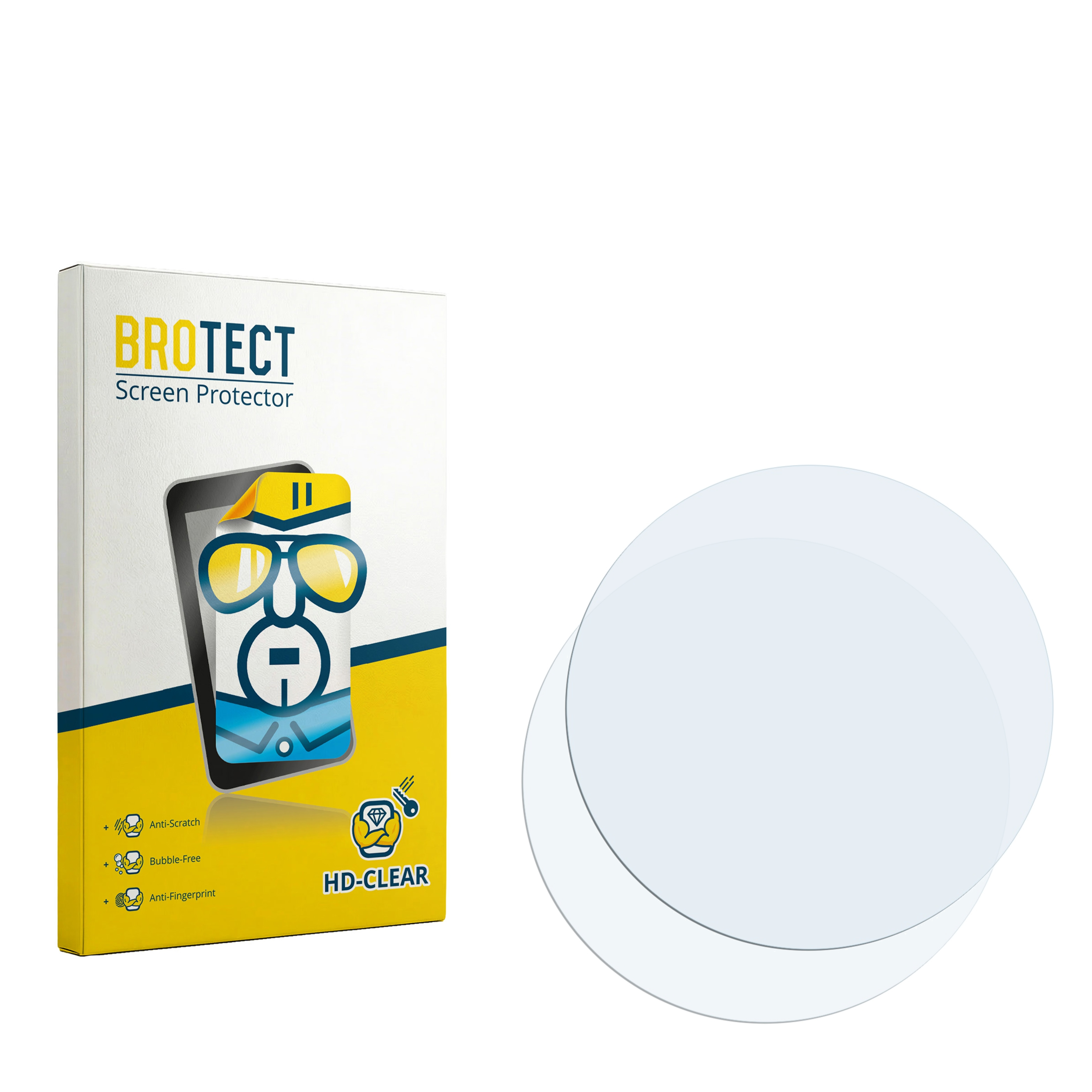 BROTECT Displayschutzfolie-Verpackung und zwei runde Displayschutzfolien.