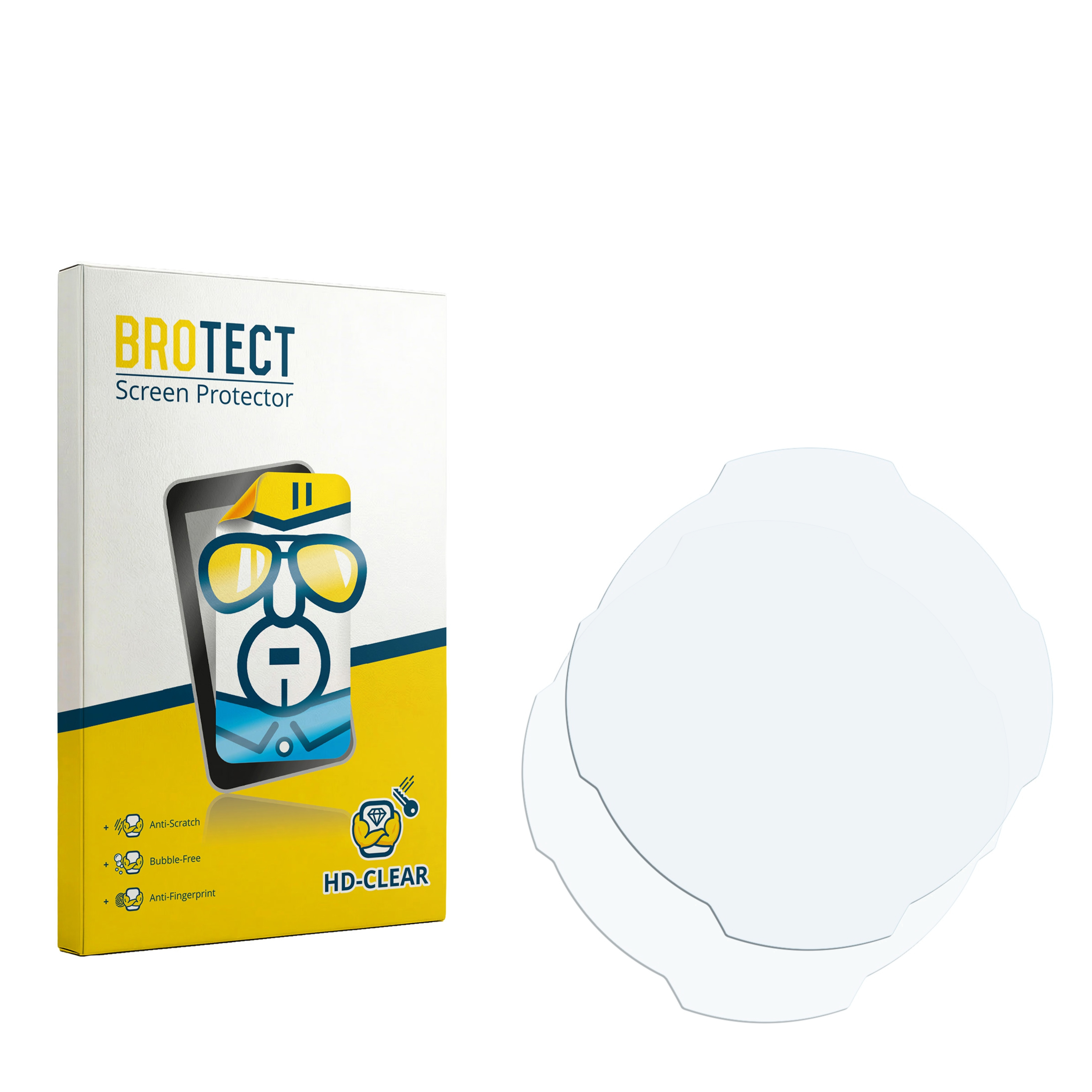 Packung mit BROTECT Displayschutzfolien und zwei runden Schutzfolien.