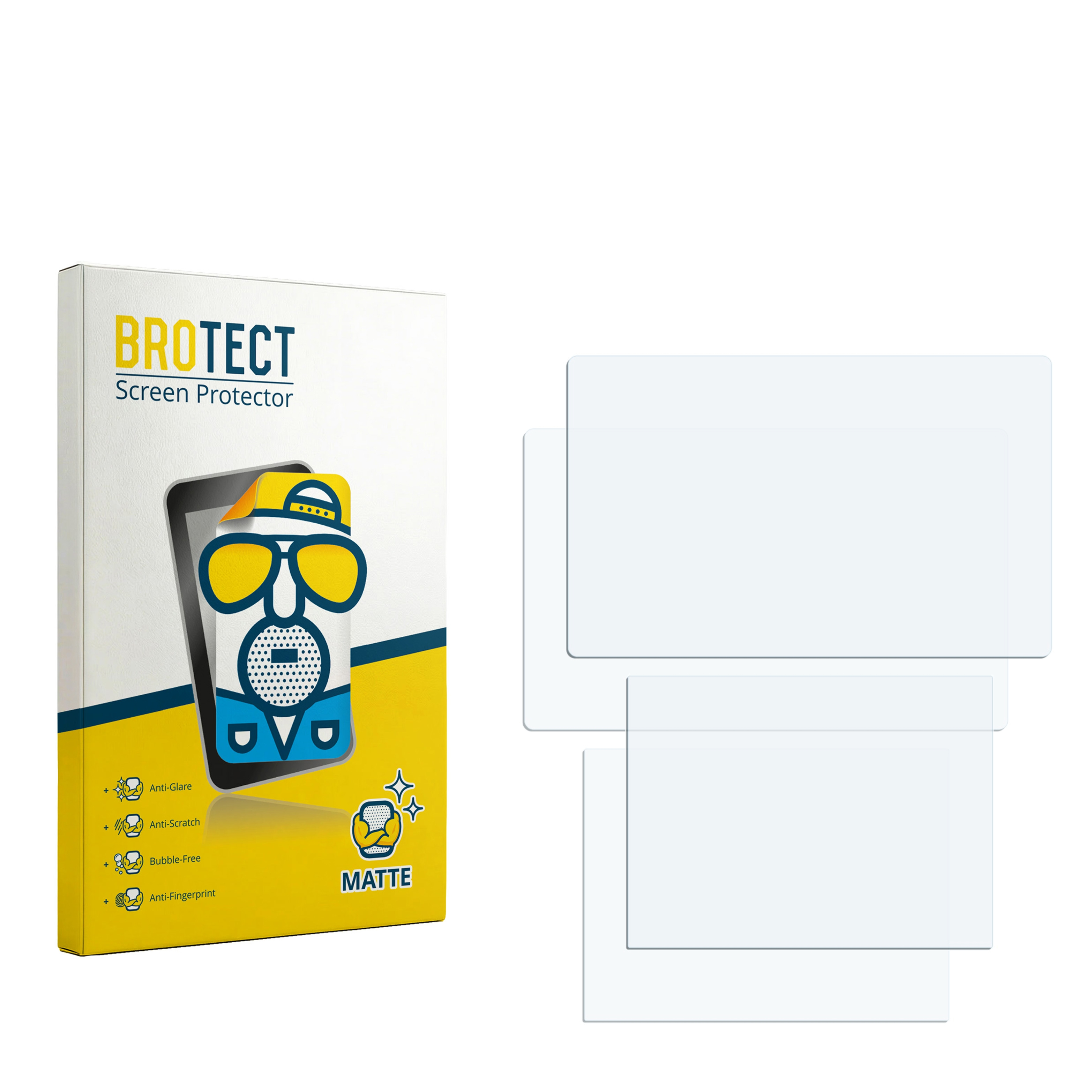 Verpackung für Displayschutzfolie mit zwei Folien, weiße Box mit gelbem und blauem Design.