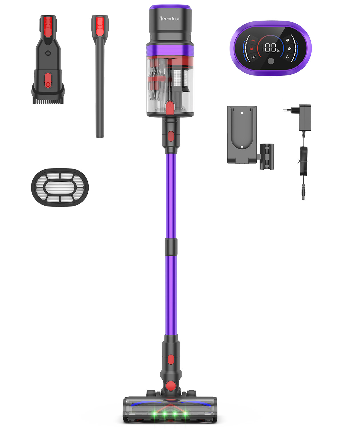 Aspirapolvere senza fili viola con accessori: spazzola, filtro, caricabatterie, supporto muro e display.