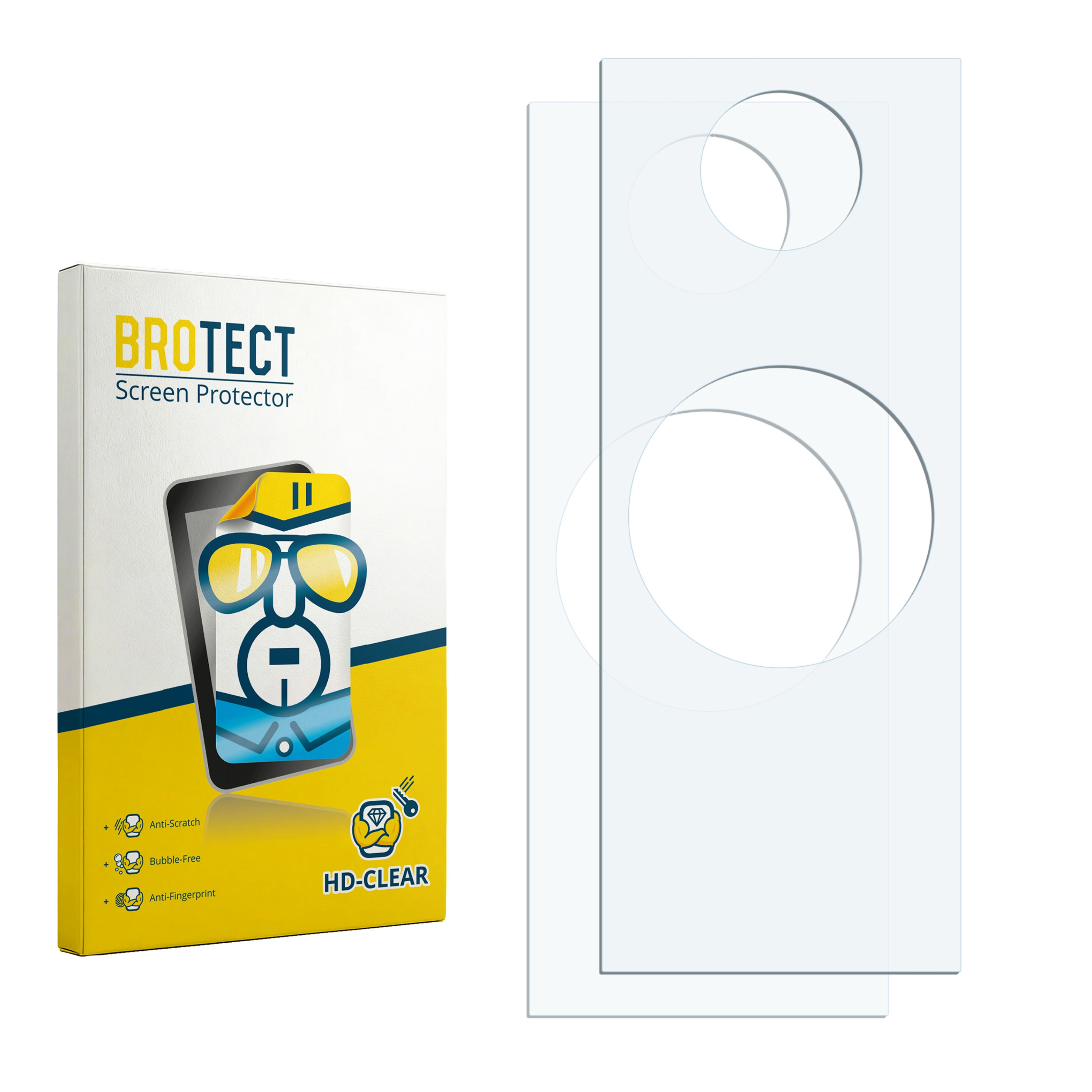Verpackung für Displayschutzfolie mit zwei transparenten Schutzfolien daneben.
