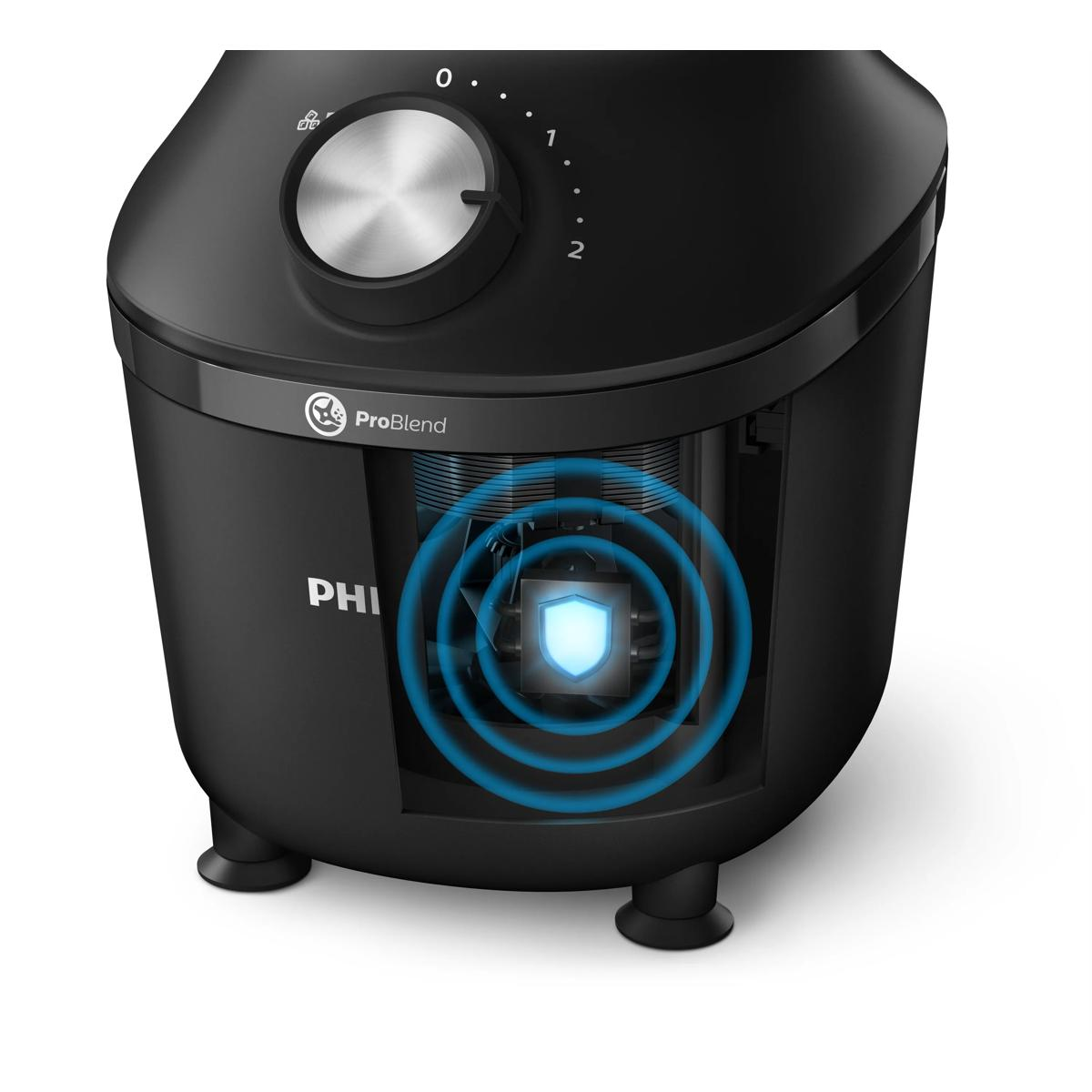 Black blender with silver dial and blue shield graphic.