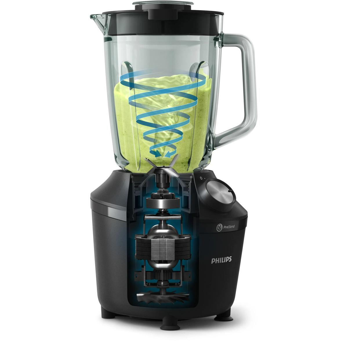 A transparent blender with green liquid and a blue swirl.