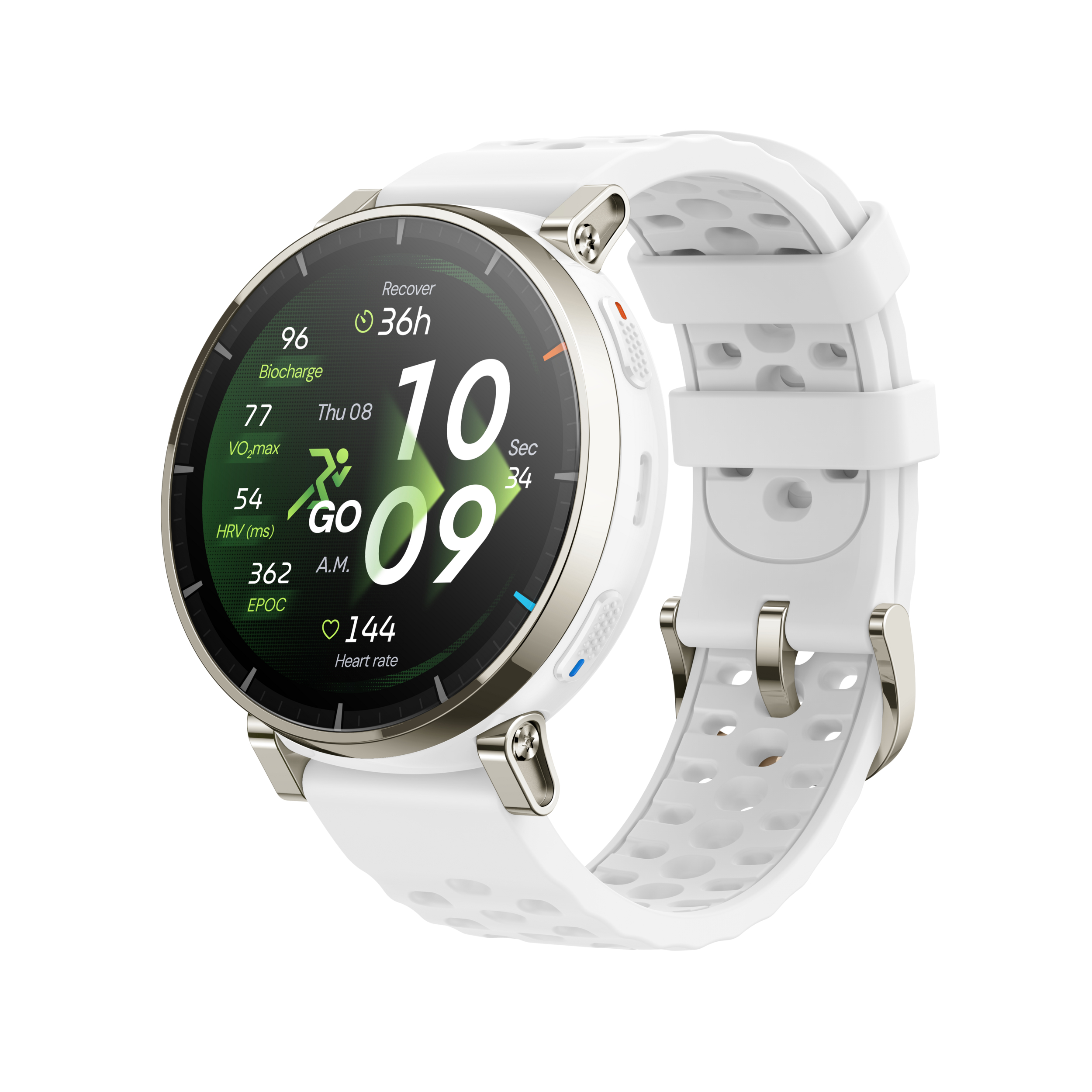 Reloj inteligente blanco con detalles plateados y pantalla oscura mostrando datos de fitness.
