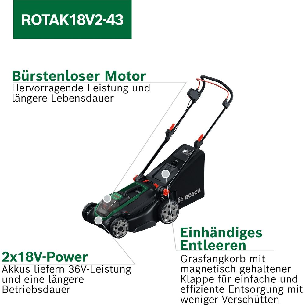 Ein grüner und schwarzer Bosch Rasenmäher mit Text. Modell ROTAK18V2-43.