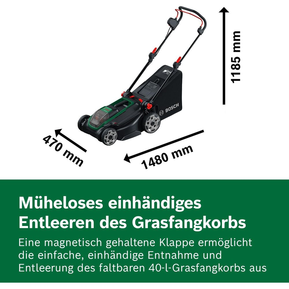 Ein schwarzer Bosch Rasenmäher mit grünen Akzenten und Maßen.