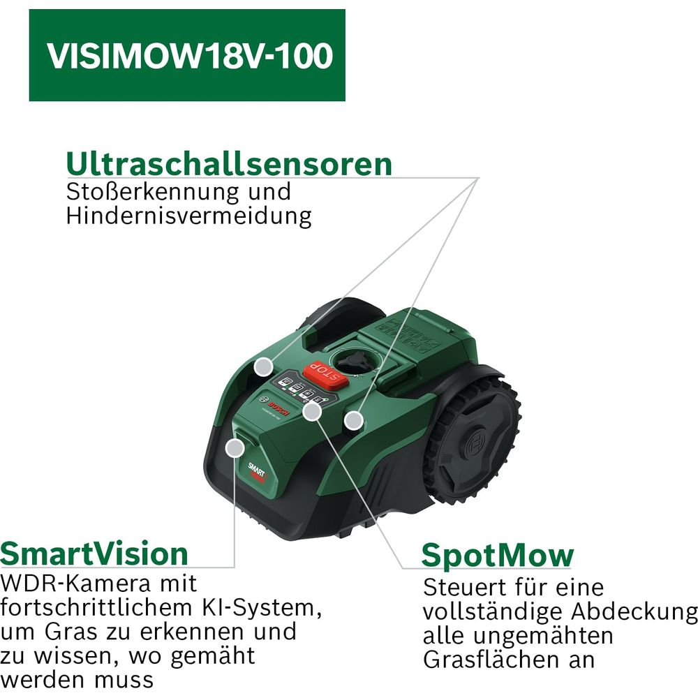 Grüner Mähroboter mit Sensoren und Text-Overlays. VISIMOW18V-100.