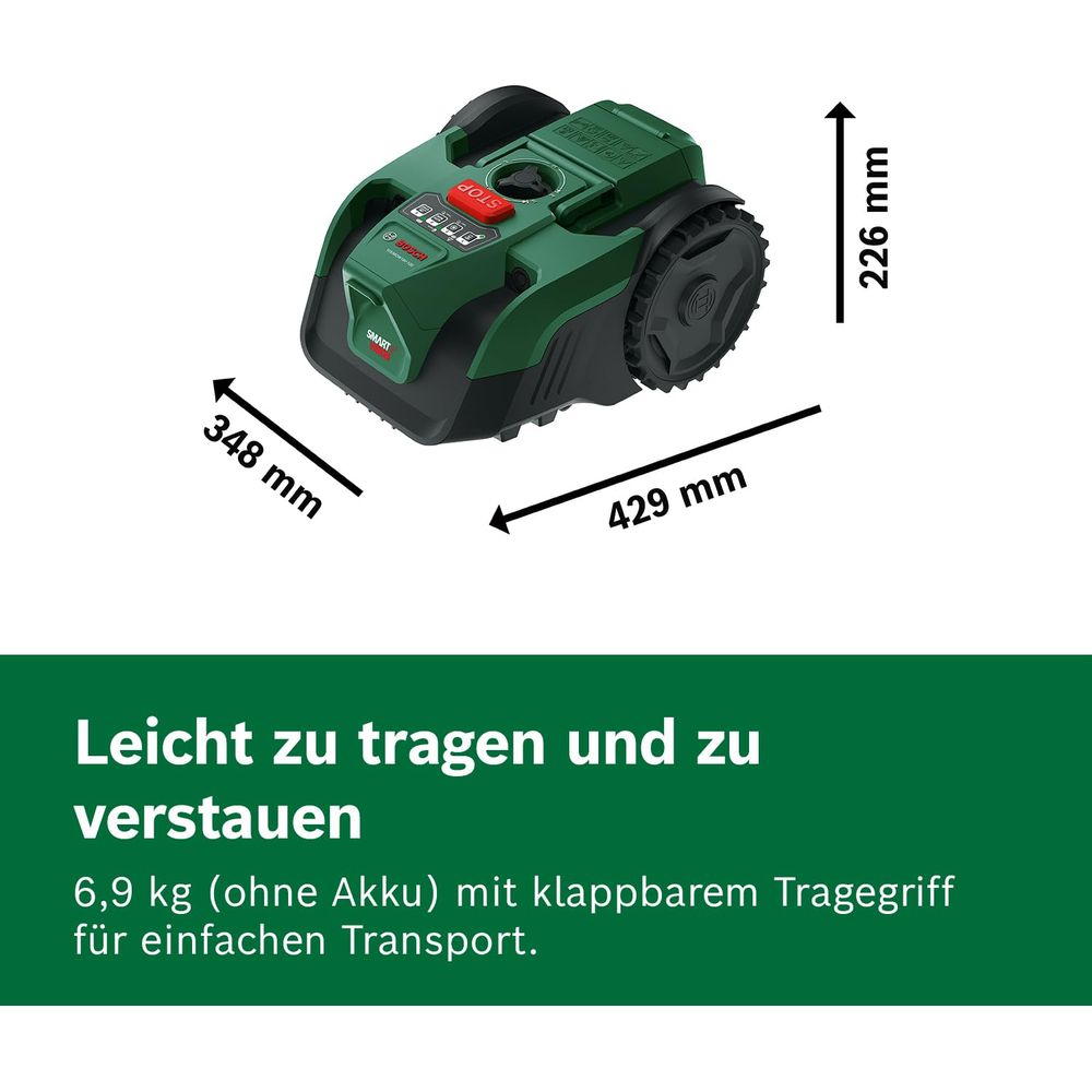 Grüner Rasenroboter mit Maßen 348x429x226mm und Klappgriff.