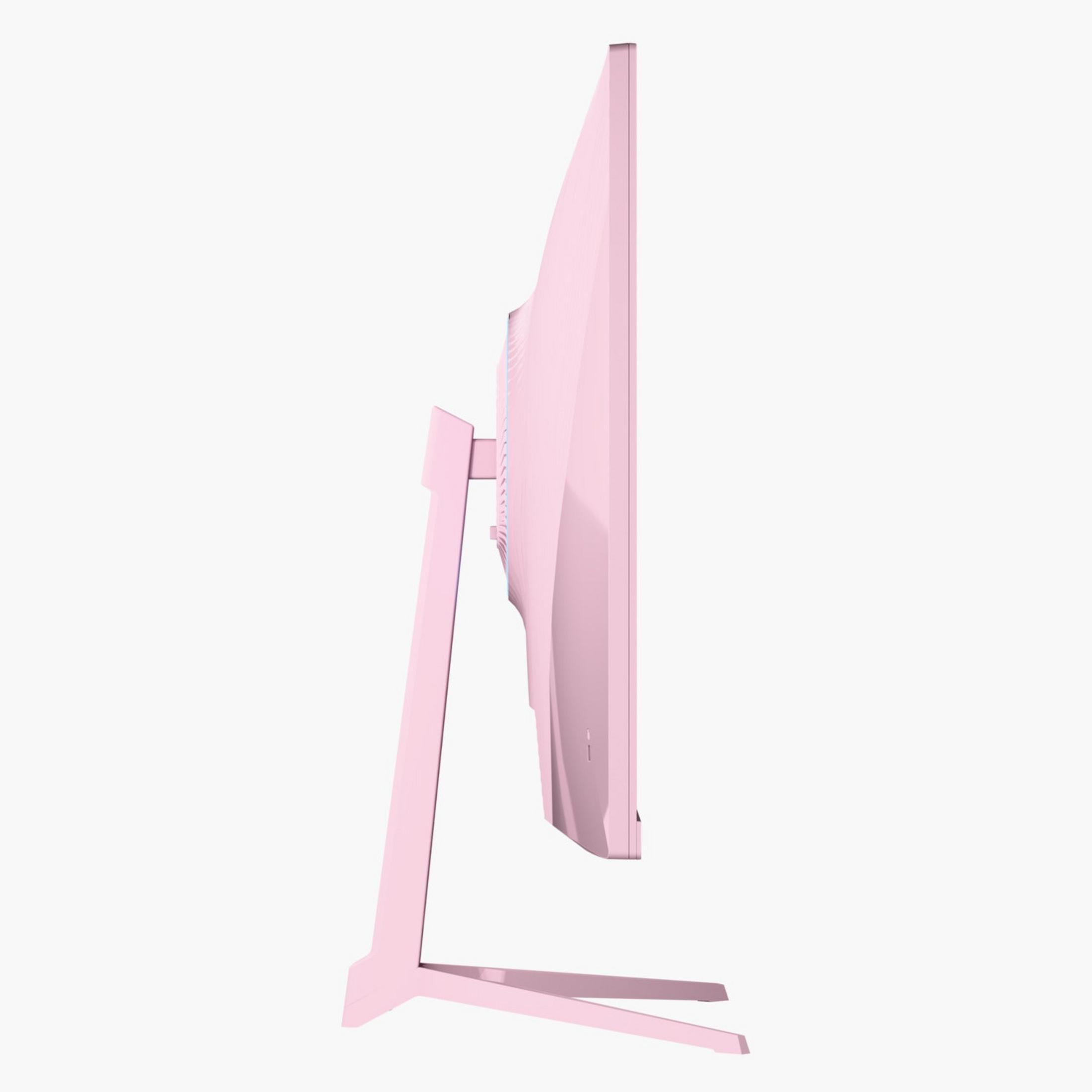 Różowy monitor komputerowy ze stojakiem pokazany z boku na białym tle.