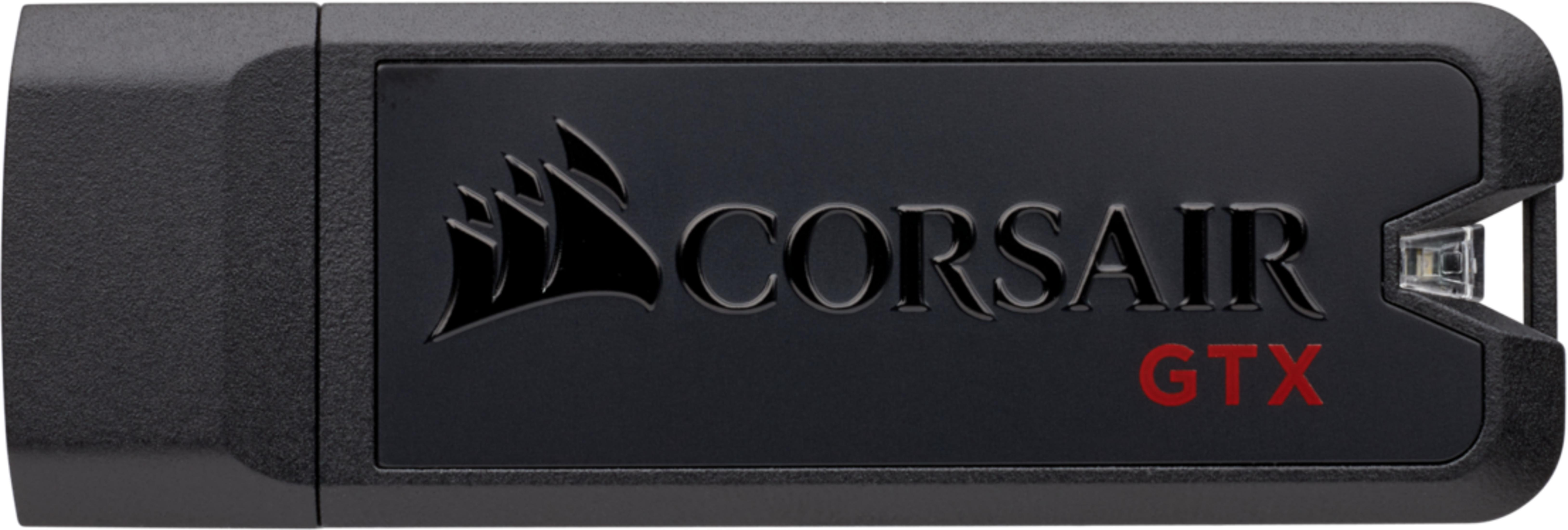 Pen drive USB Corsair GTX nero con logo in rilievo e testo rosso.