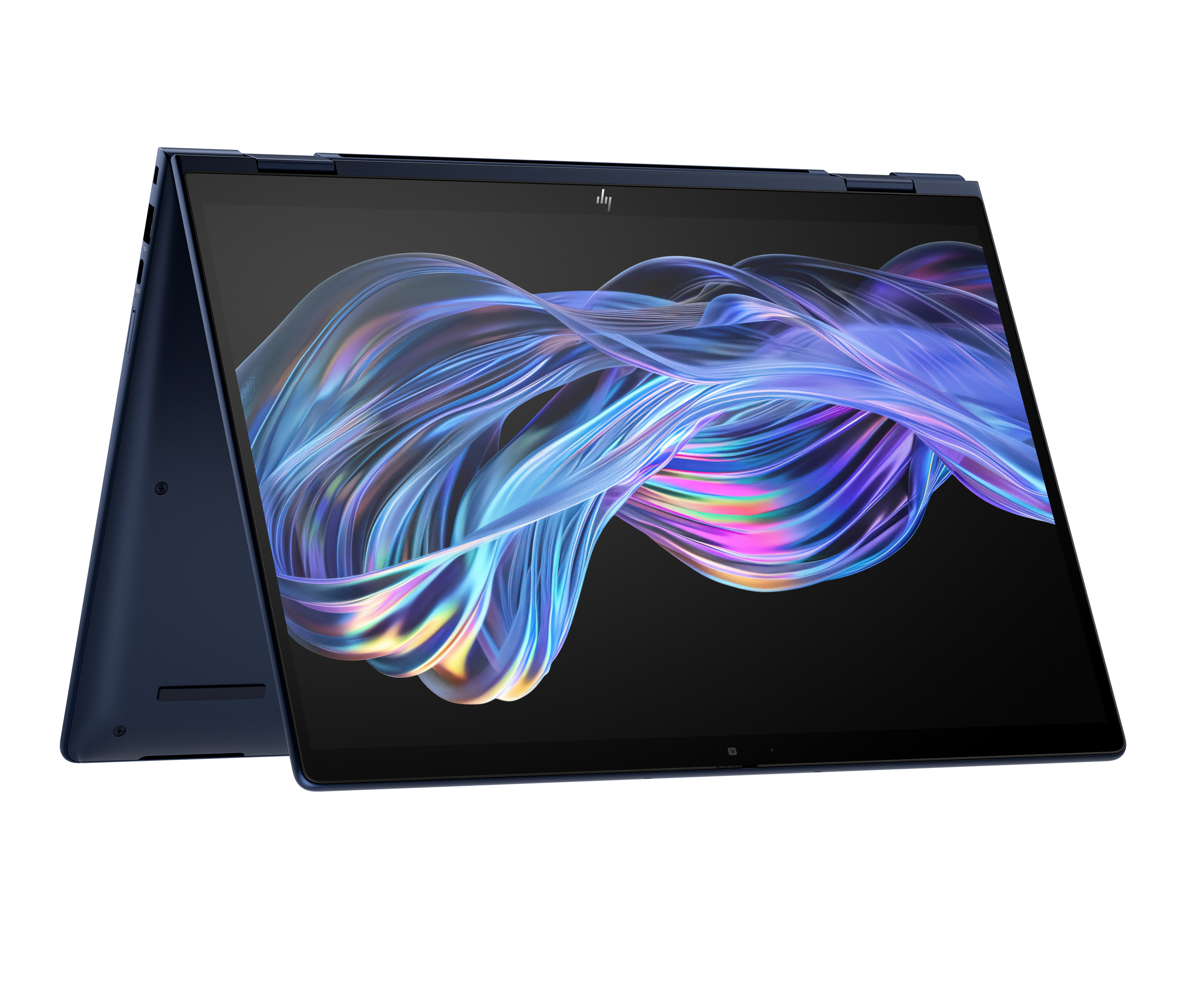 Un laptop HP blu scuro è aperto, con un motivo astratto colorato sullo schermo.