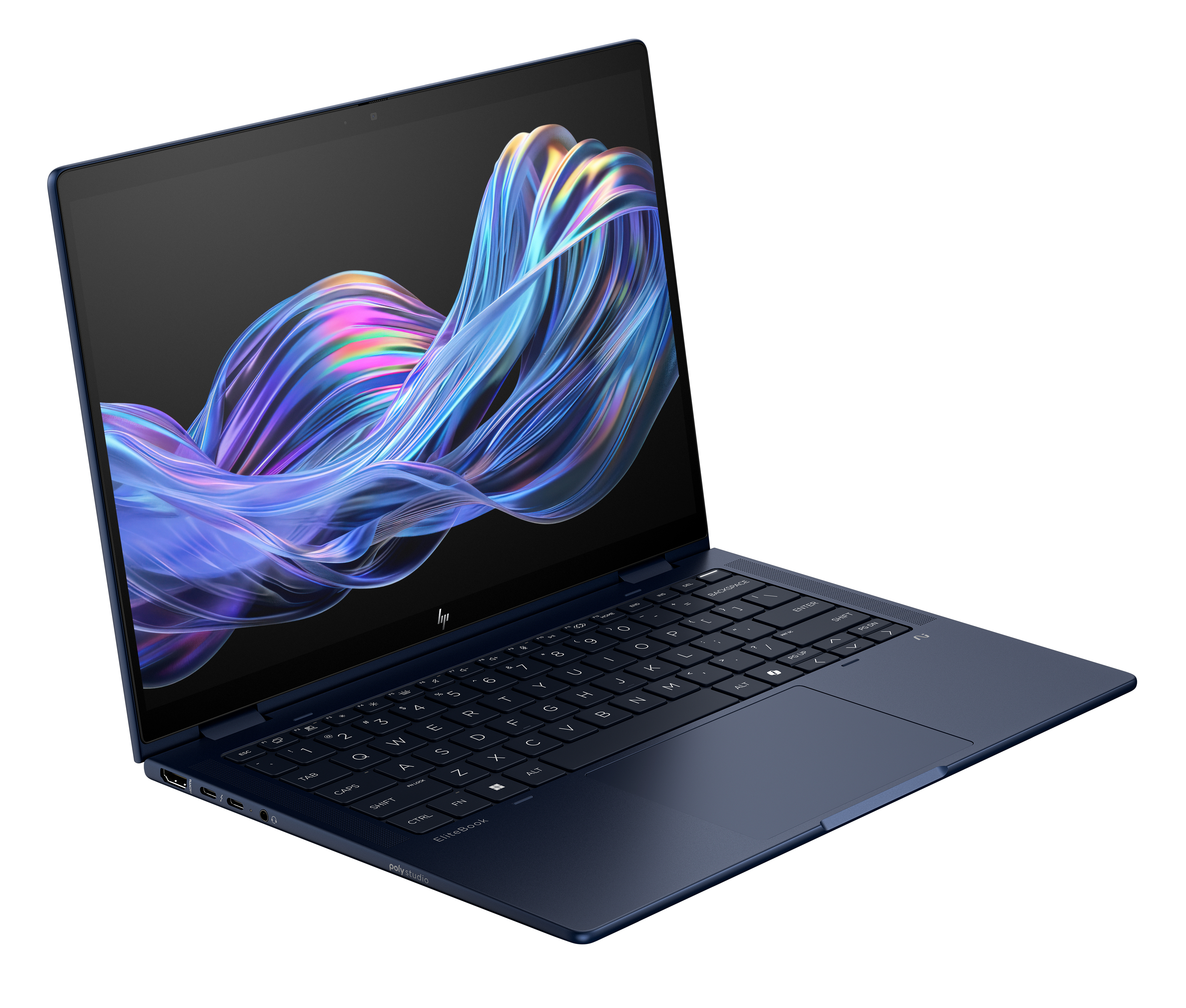 Laptop HP EliteBook blu scuro aperto, mostra tastiera e schermo con arte astratta.