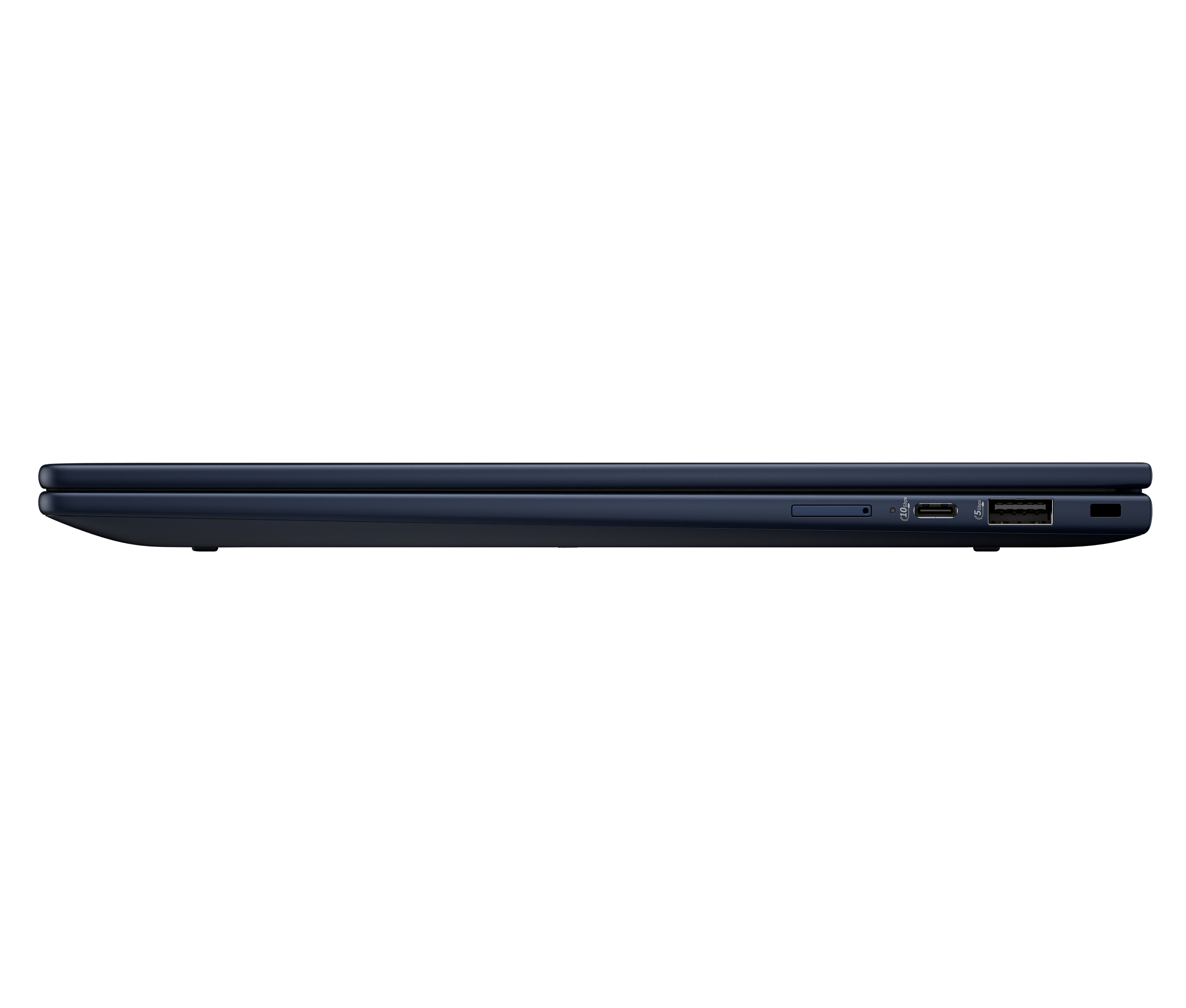 Laptop blu scuro chiuso, vista laterale con porte.