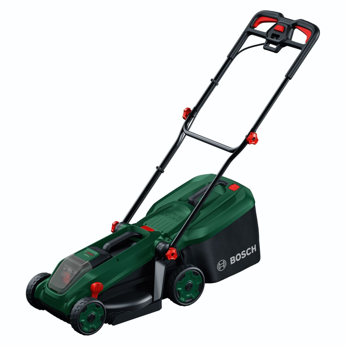 Ein grüner Bosch Rasenmäher mit schwarzem Fangkorb und roten Akzenten.