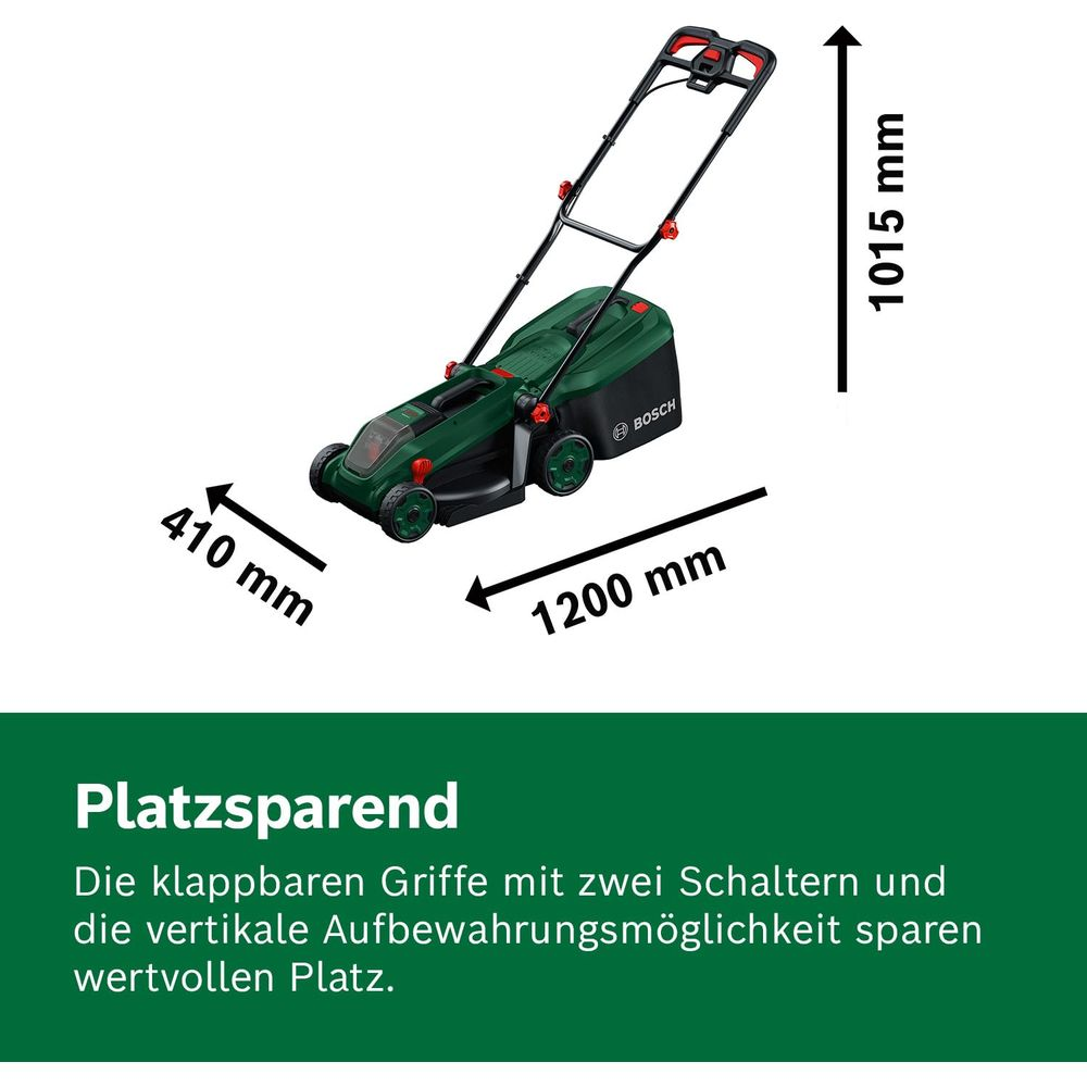 Ein grüner Bosch Rasenmäher mit Maßen: 410 mm Breite, 1200 mm Länge, 1015 mm Höhe.