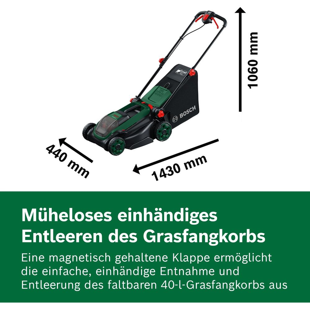 Ein Bosch Rasenmäher mit Maßen 440mm, 1430mm und 1060mm.