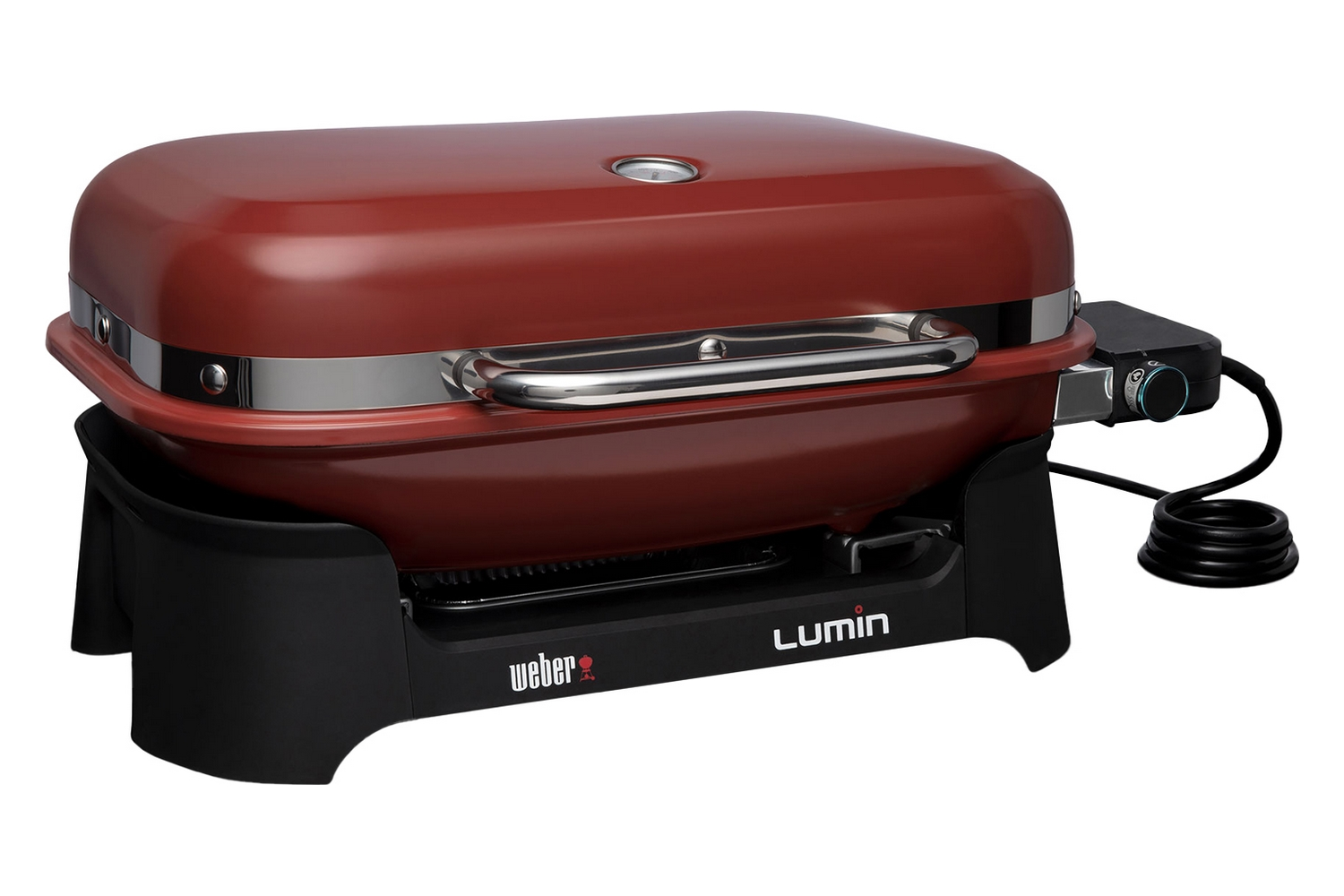 Una griglia elettrica Weber Lumin rossa con base nera si trova su sfondo bianco.